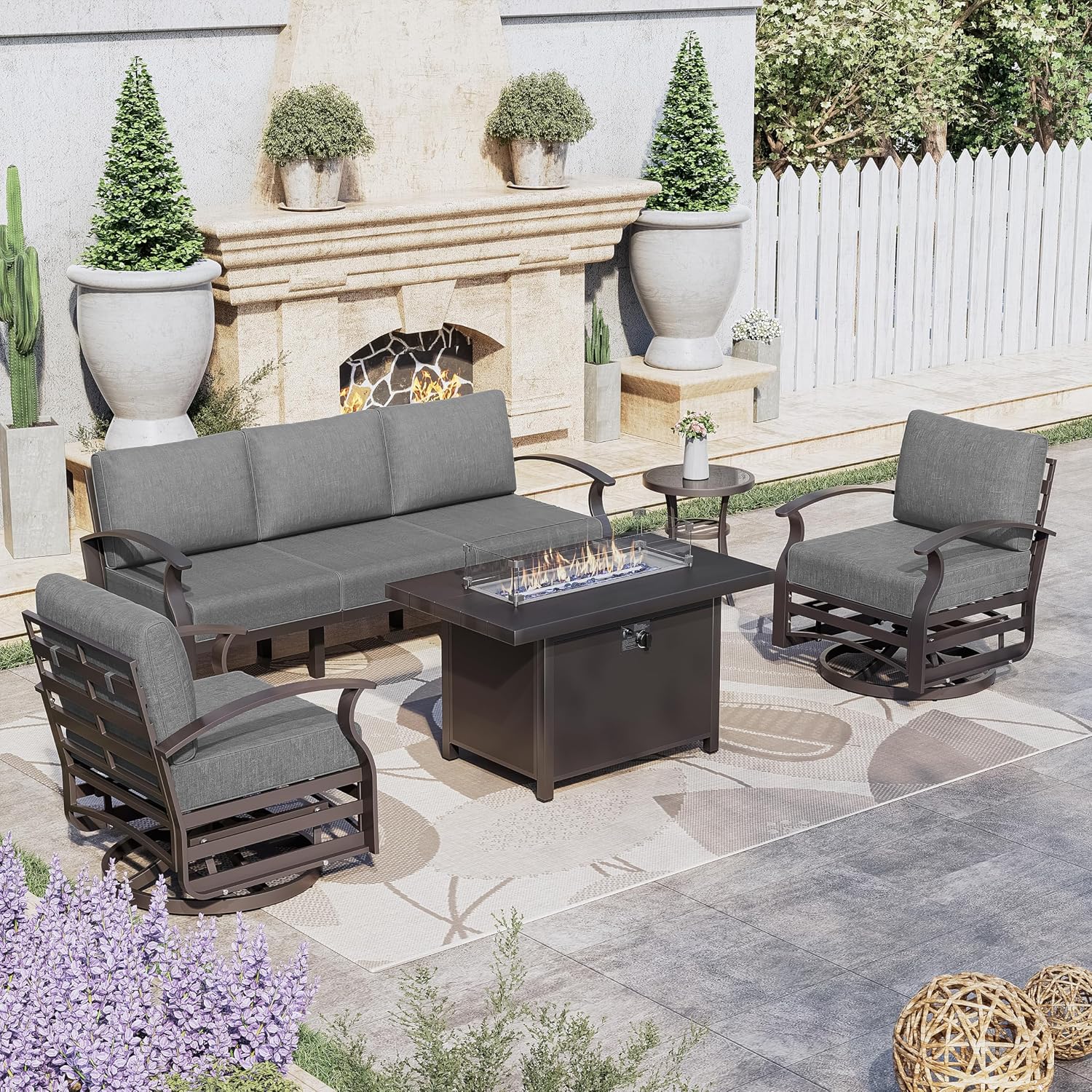 Kurapika Aluminum Patio Furniture Set 5-Seat Modern Metal Outdoor Conversation Sets w/45in Propane Fire Pit Table, Swivel Rocking Chairs Patio Sectional Sofa w/5.1in Cushion, Grey