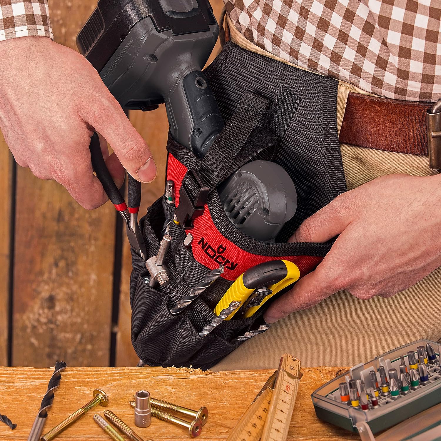 NoCry Fast Draw Drill Holster - Balanced Fit for Cordless T-Drills, 17 Accessory Pockets and Open Loops for Tool and Bit Storage, Belt-Attachment