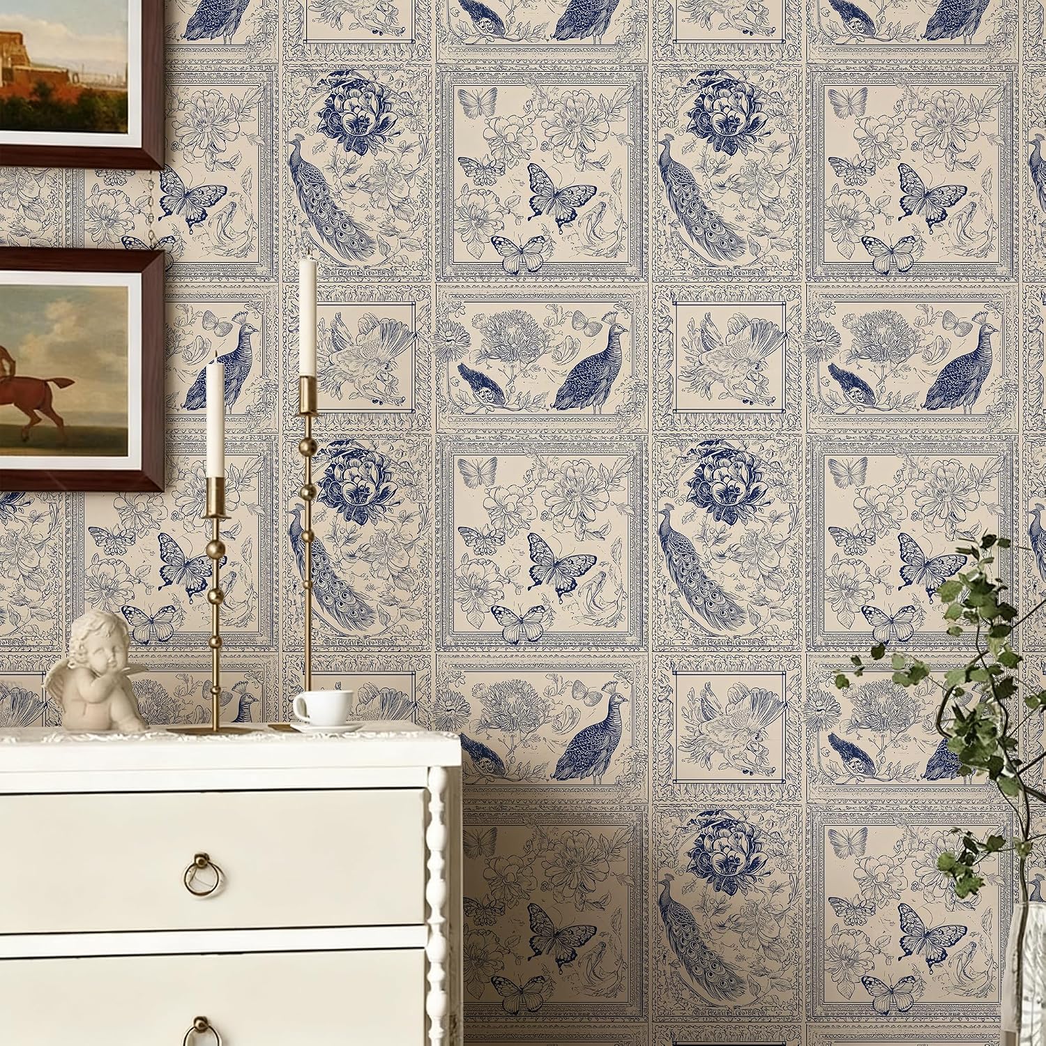 Peel and Stick Wallpaper - Blue Printed Butterfly & Peacock Floral, Self-Adhesive Vinyl Removable Mural, Retro Printed Wall Decor for Living Room & Bedroom, 17.7x236 Inch