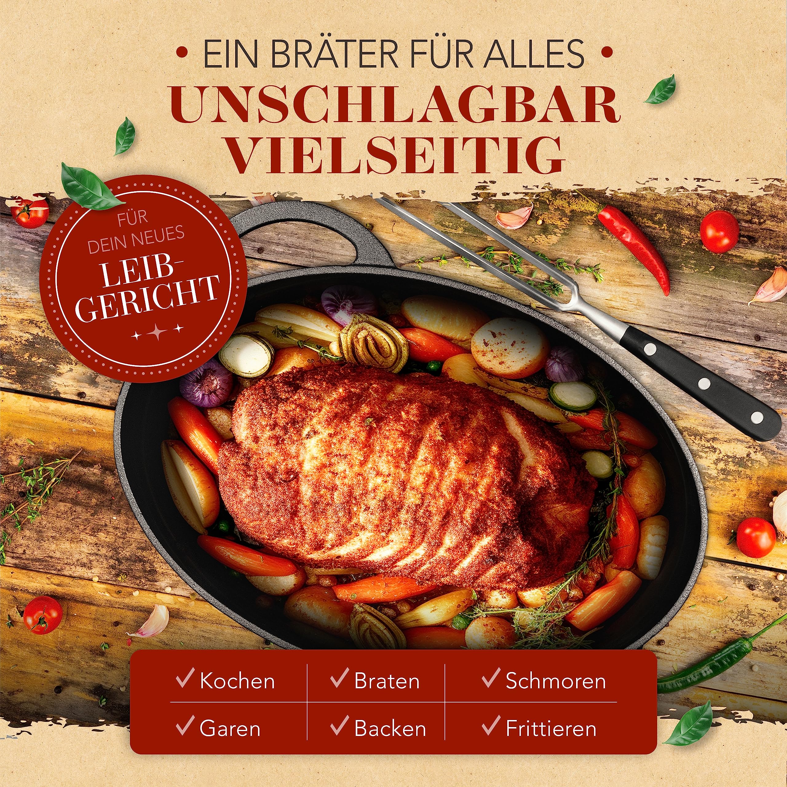 KRUSTENZAUBER Casseruola in ghisa da 35 cm con coperchio, adatta al forno [forchetta per carne] XXL adatta al forno
