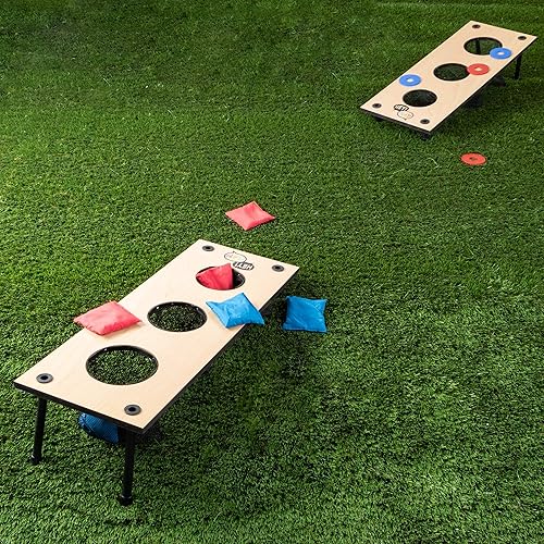 Miniatura 8 de Hey! Play! Juego 2 en 1 para lanzar puf y arandelas, juego clásico de madera para interiores o exteriores, juegos de fiesta para patio trasero y