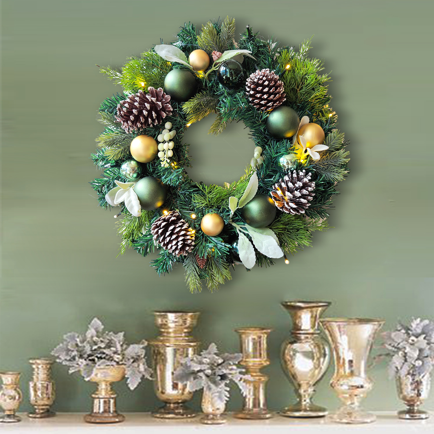 WANNA-CUL Pre-Lit 20 Inch Lighted Christmas Wreath for Front Door