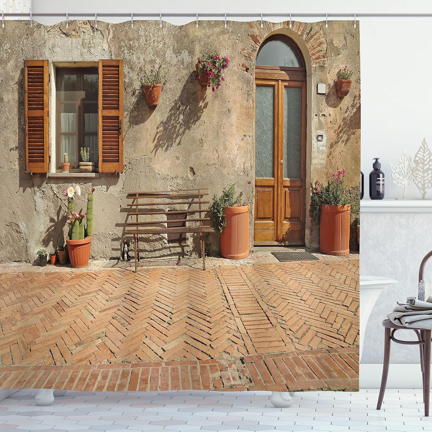 Ambesonne Tuscan Shower Curtain, Doorway Historic House Build Alley Cobblestone Street European Town Flowering Plants Print, Cloth Fabric Bathroom Decor Set with Hooks, 69" W x 84" L, Cinnamon Tan