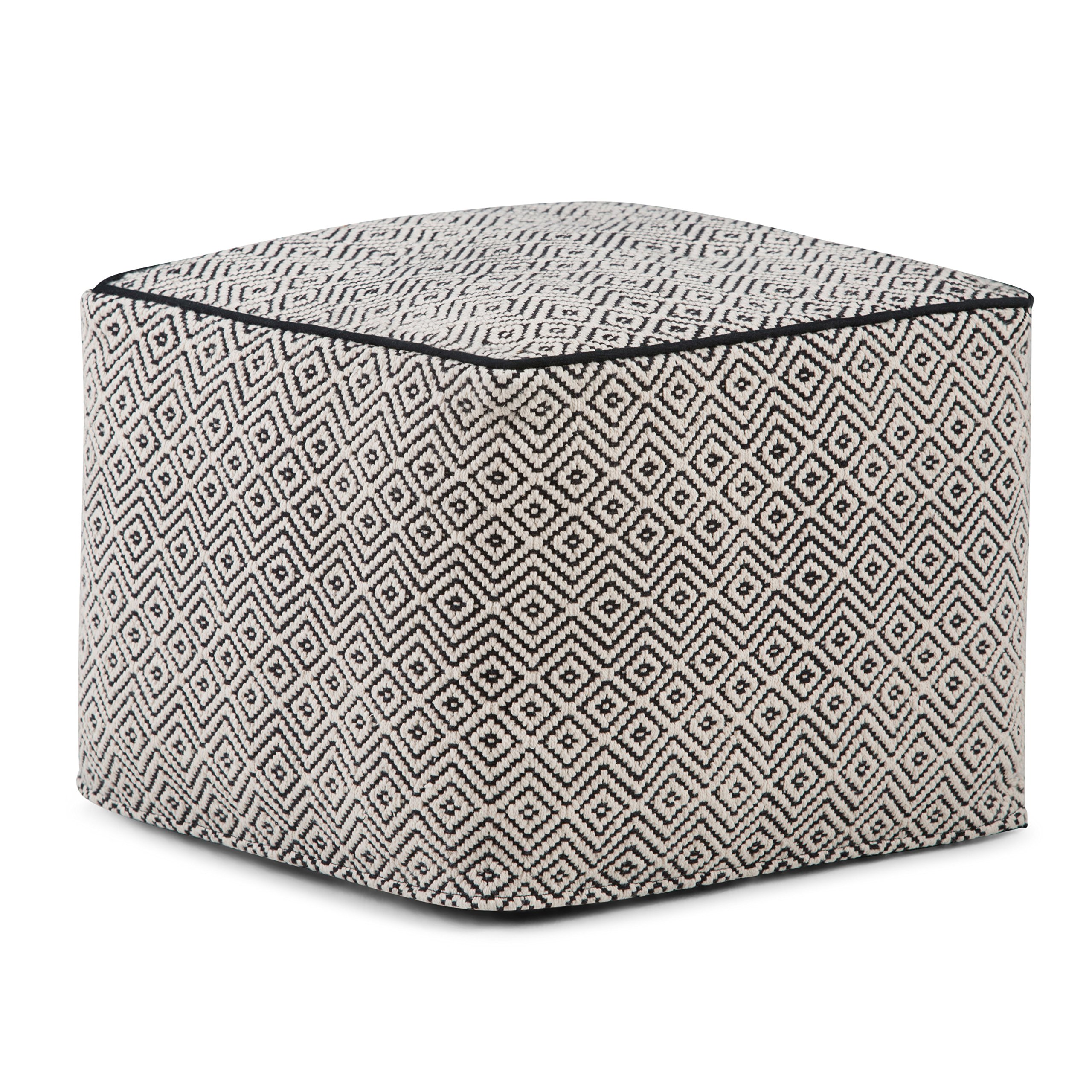 SIMPLIHOME Brynn Square Pouf - 18 inch Wide Handwoven Cotton Ottoman in Patterned Black and Natural, Boho Footstool, Coffee Table or Extra Seating for Living Room or Bedroom, Assembled