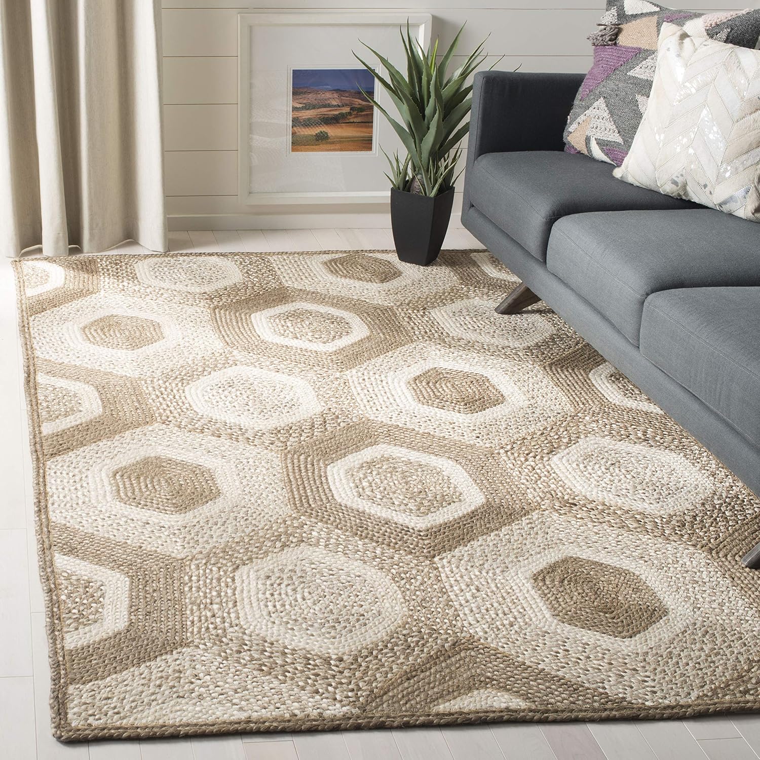 SAFAVIEH Natural Fiber Collection Area Rug - 6' Square, Grey & Ivory, Handmade Honeycomb Woven Jute, Ideal for High Traffic Areas in Living Room, Bedroom (NF881F)