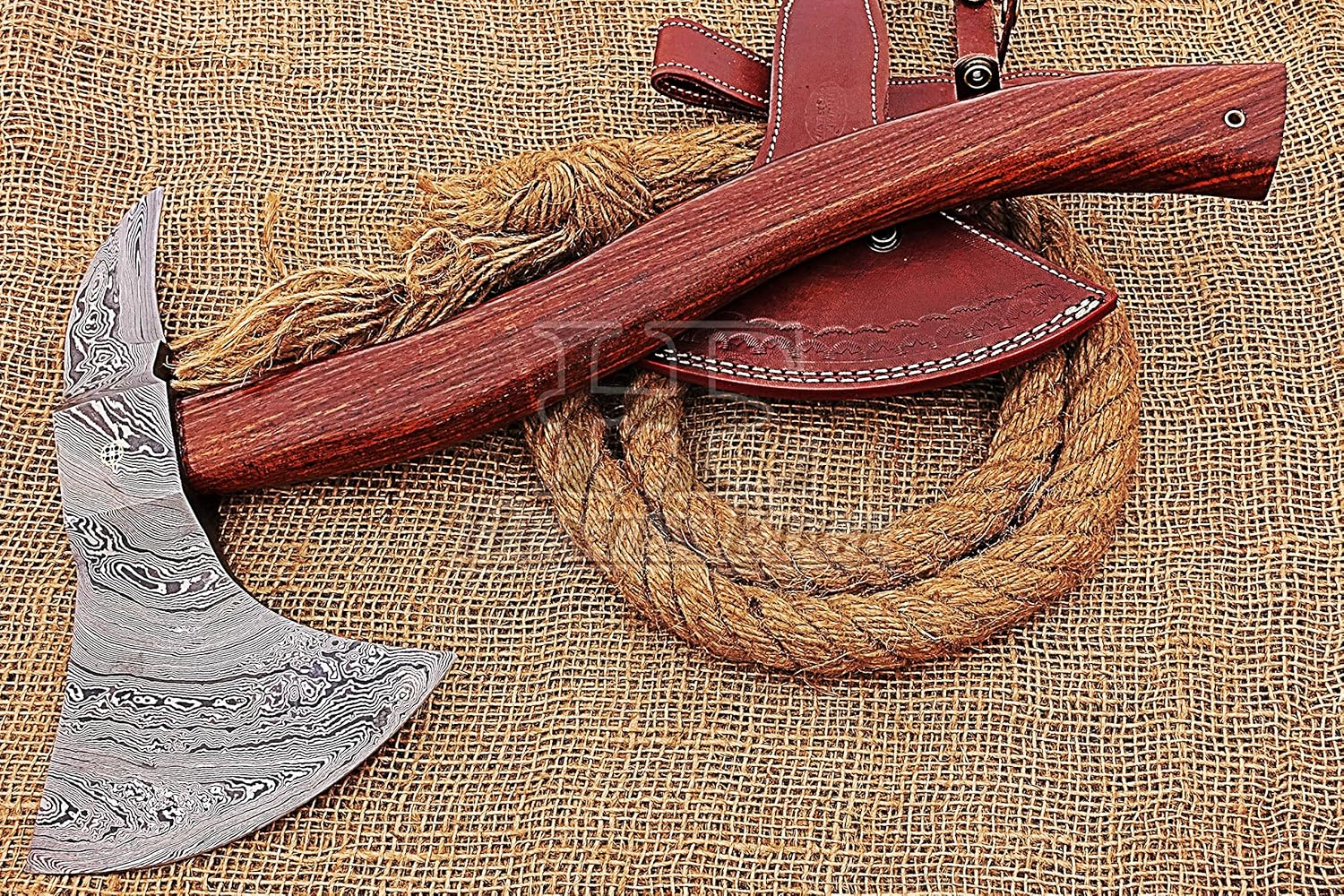 HUNTEX Handmade Hand-Forged Twist Pattern Damascus Steel 19.5 Inch Long Hand-Engraved Walnut Wood Handle Razor Sharp Camping Wood Splitter Twin Bladed Viking Axe w/Genuine Leather Sheath