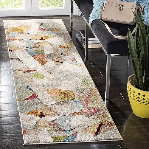 SAFAVIEH Porcello Collection - Alfombra de pasillo, 2 pies 3 pulgadas x 16 pies, gris y multicolor, diseño abstracto moderno, no desprende pelusa y