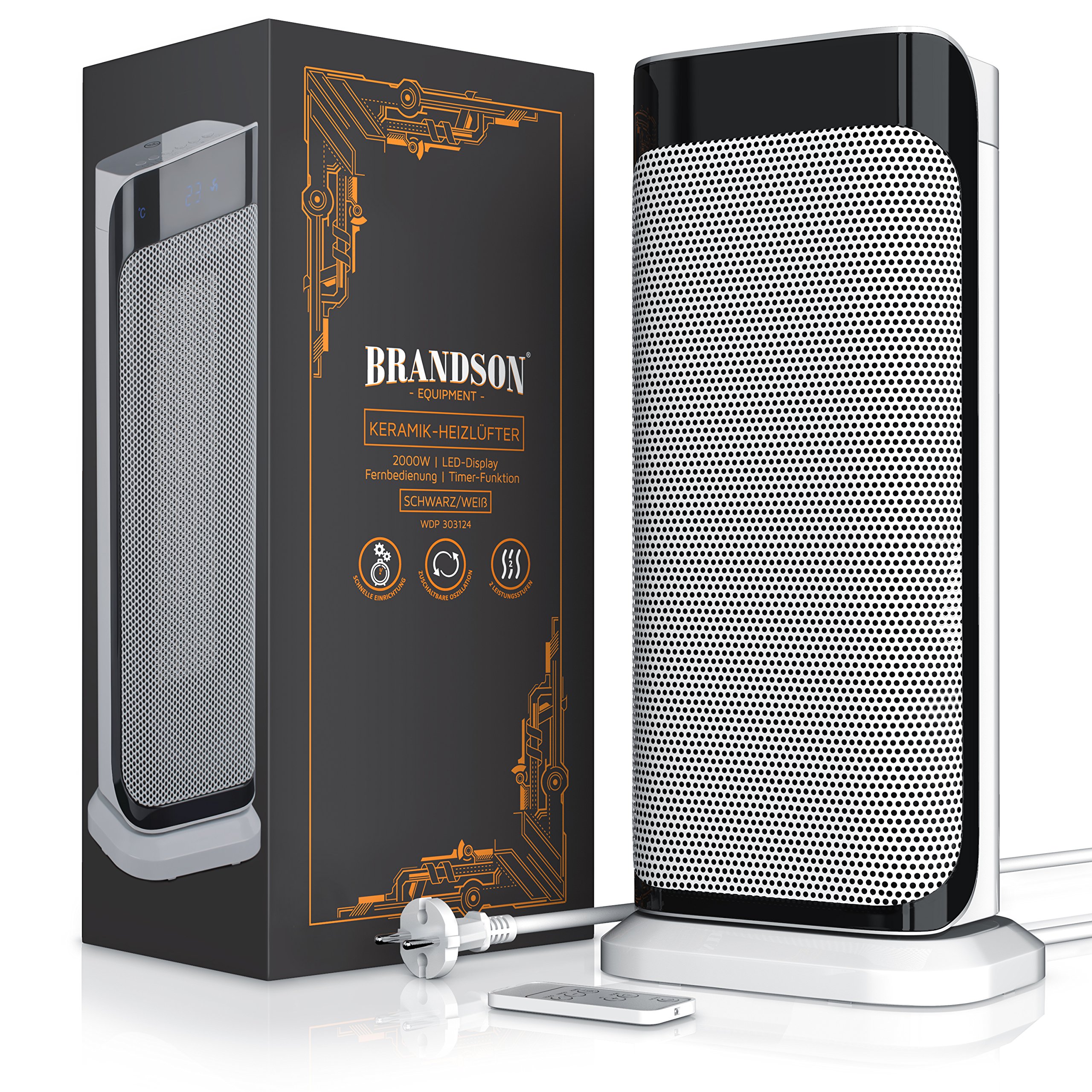 Brandson - Termoventilatore con Telecomando - Termoventilatore in Ceramica Bagno a Risparmio energetico, Silenzioso - Riscaldamento rapido con Funzione di Oscillazione - 2 Livelli di Riscaldamento -