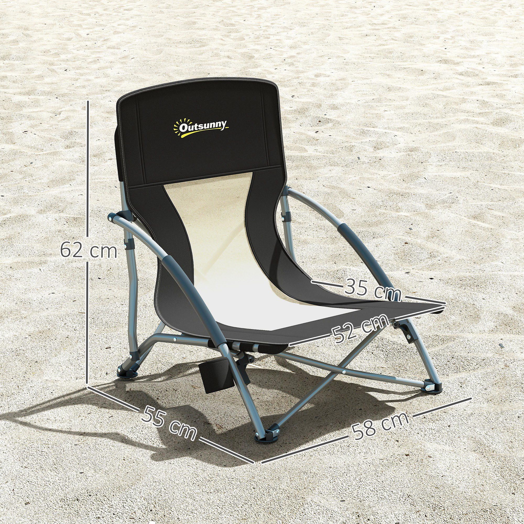Outsunny Sedia da Spiaggia Pieghevole con Schienale a Rete, Sedia da Campeggio con Braccioli, Portabicchieri e Borsa di Trasporto, per Giardino Patio Esterno, Nero