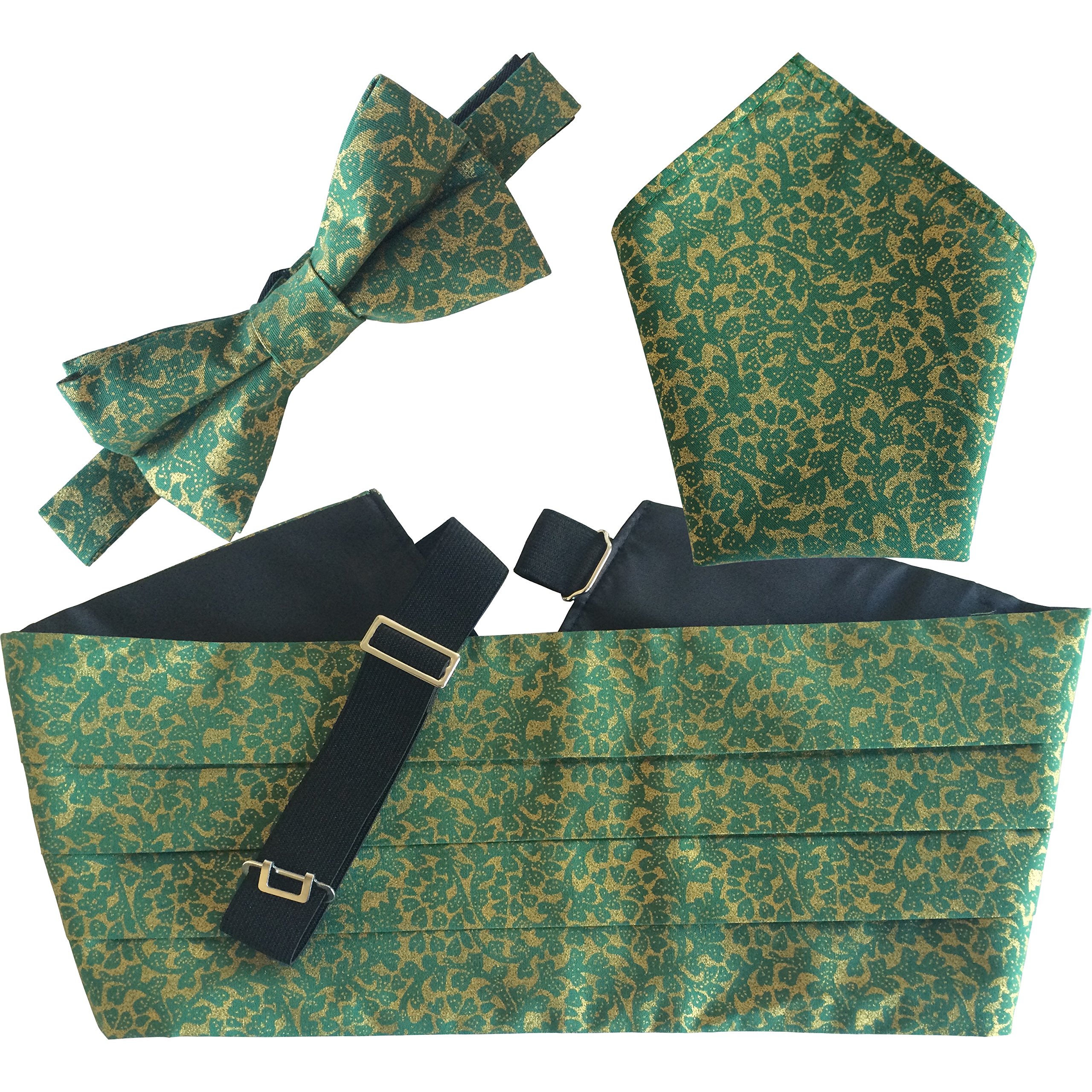 Christmas Cummerbund Sets: Includes Bow Tie & Hanky (Green and Gold Leaves)