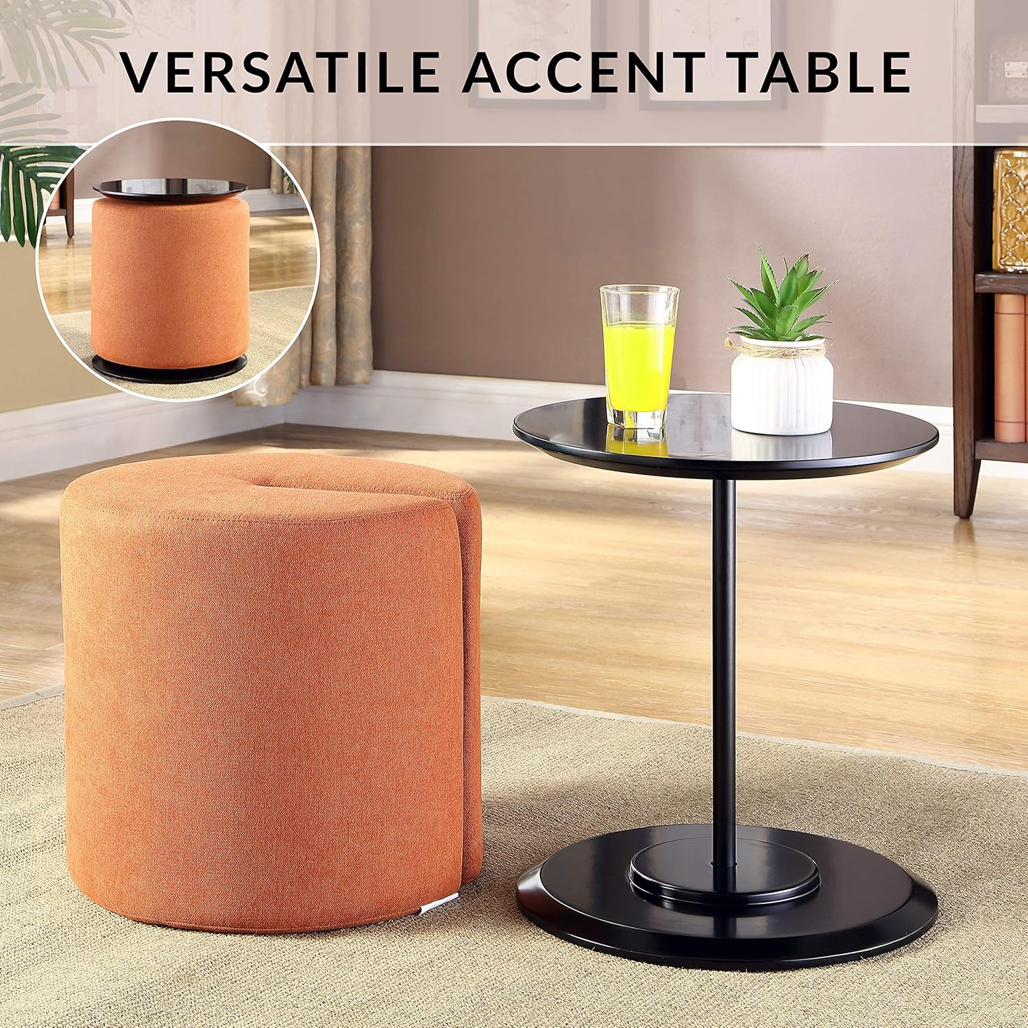 Furniture Accent Table and 18 in Round Nesting Ottoman, Modern Upholstered Fabric Chair, Small Wooden Side Table for Living Room, Bedroom, Home and Office, Orange (2-Piece Set)