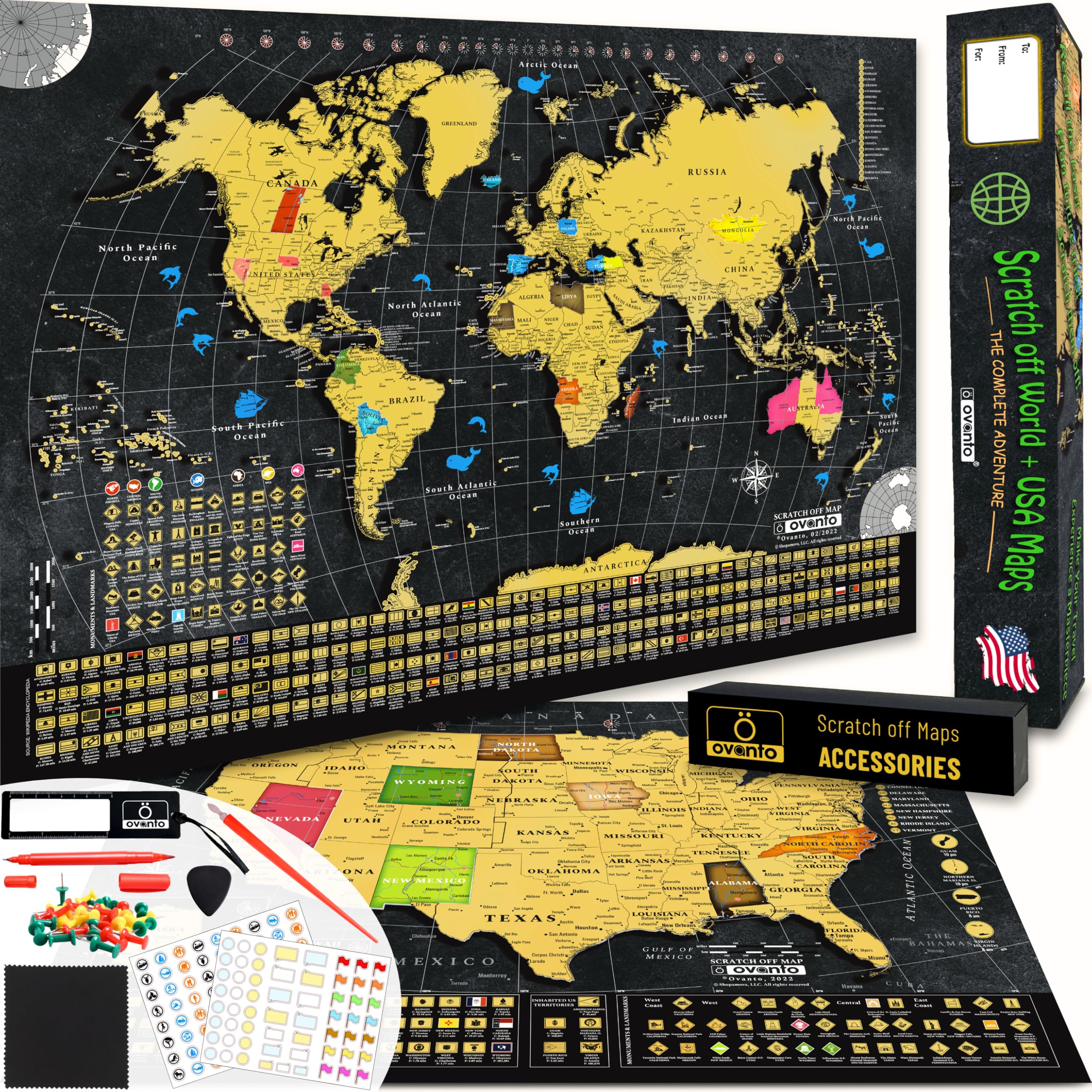 OVANTO Scratch Off World Map + USA Map – 17x24” Wall Travel Posters with 196 Flags, Gold Foil, Pins & Accessories – Premium Gift Box for Travelers, Couples, Home or Office Decor
