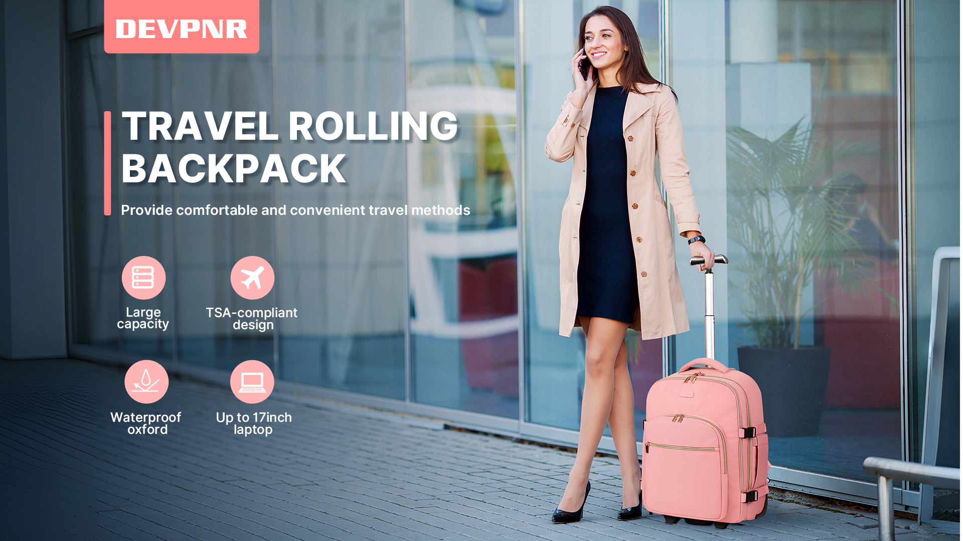 DEVPNR Rolling Backpack for Women, Travel Backpack with Wheels, Dark Blue