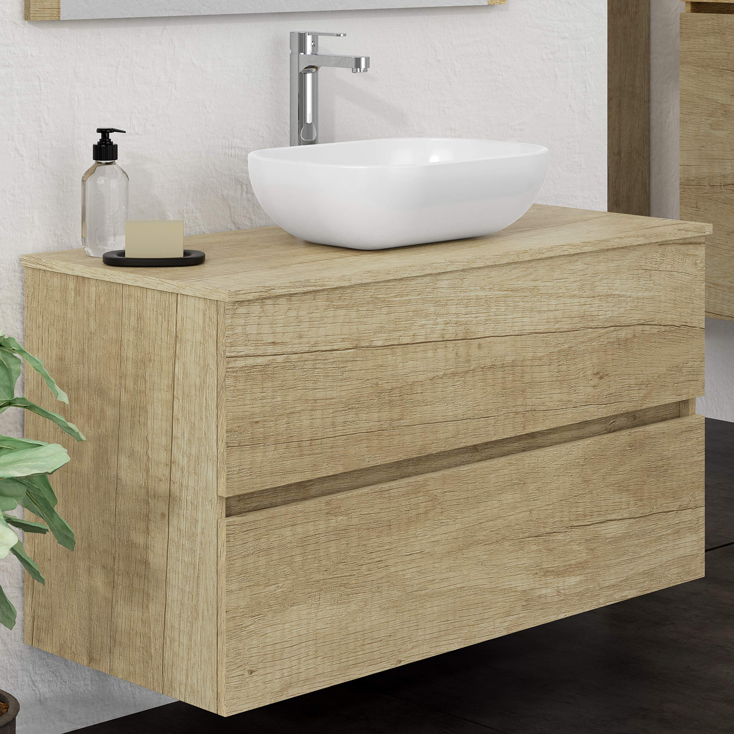 Baikal Baño Onyx, 2 cajones, suspendido en Pared, con Lavabo cerámico. Mueble Montado, Melamina 16,Mueble F46 + Top + Lavabo 100 cm Nature