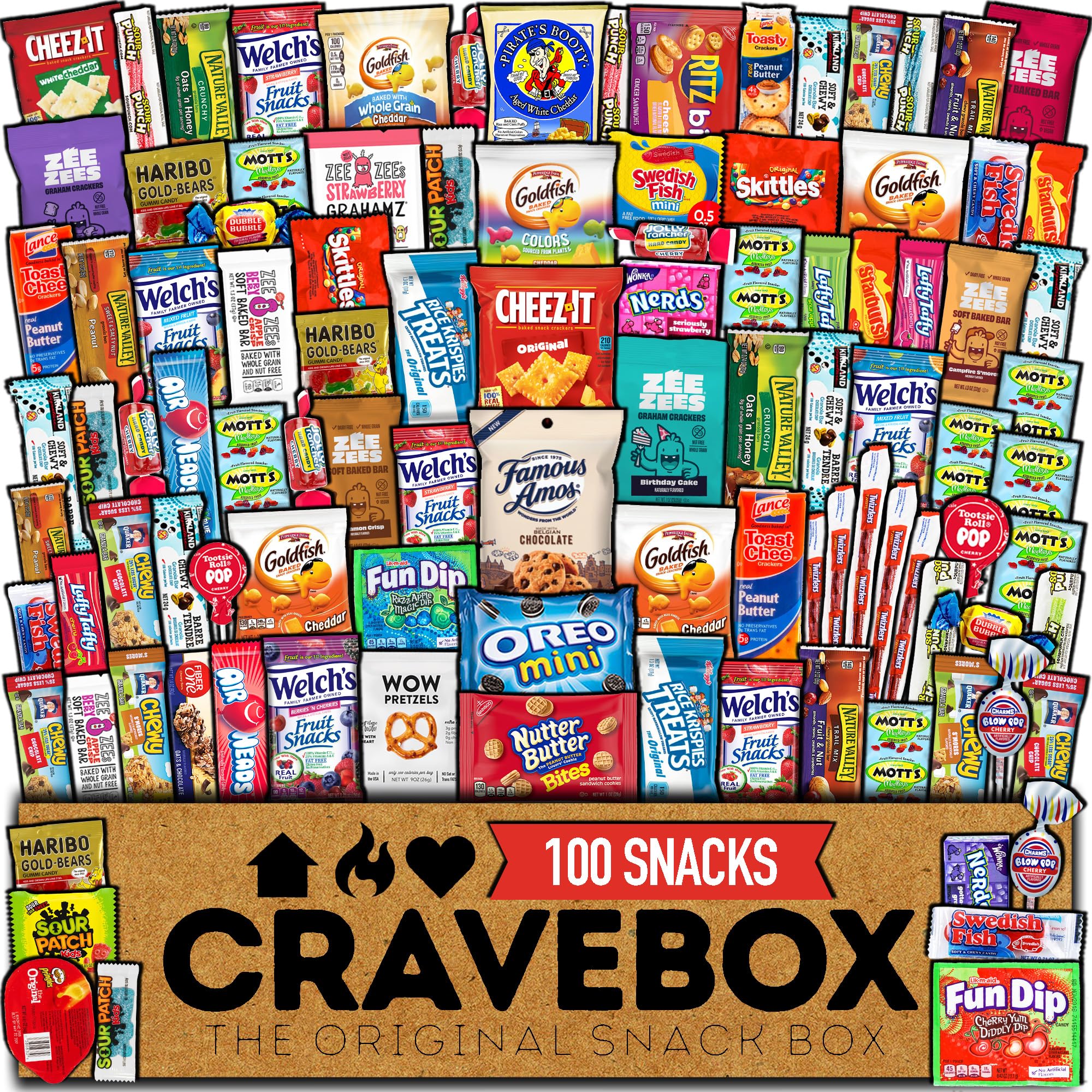 CRAVEBOX Snack Box (100 Count) Valentines Day Variety Pack Care Package Gift Basket Adult Kid Guy Girl Women Men Birthday College Student Office College Back to School