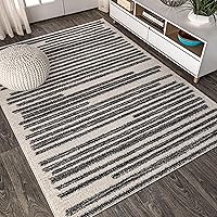 Vista 1 de JONATHAN Y Khalil Alfombra de Área Interior Moderna de Rayas Bereber Crema/Negro, 3x5, Contemporánea, Bohemia, Fácil de Limpiar para Sala de Estar