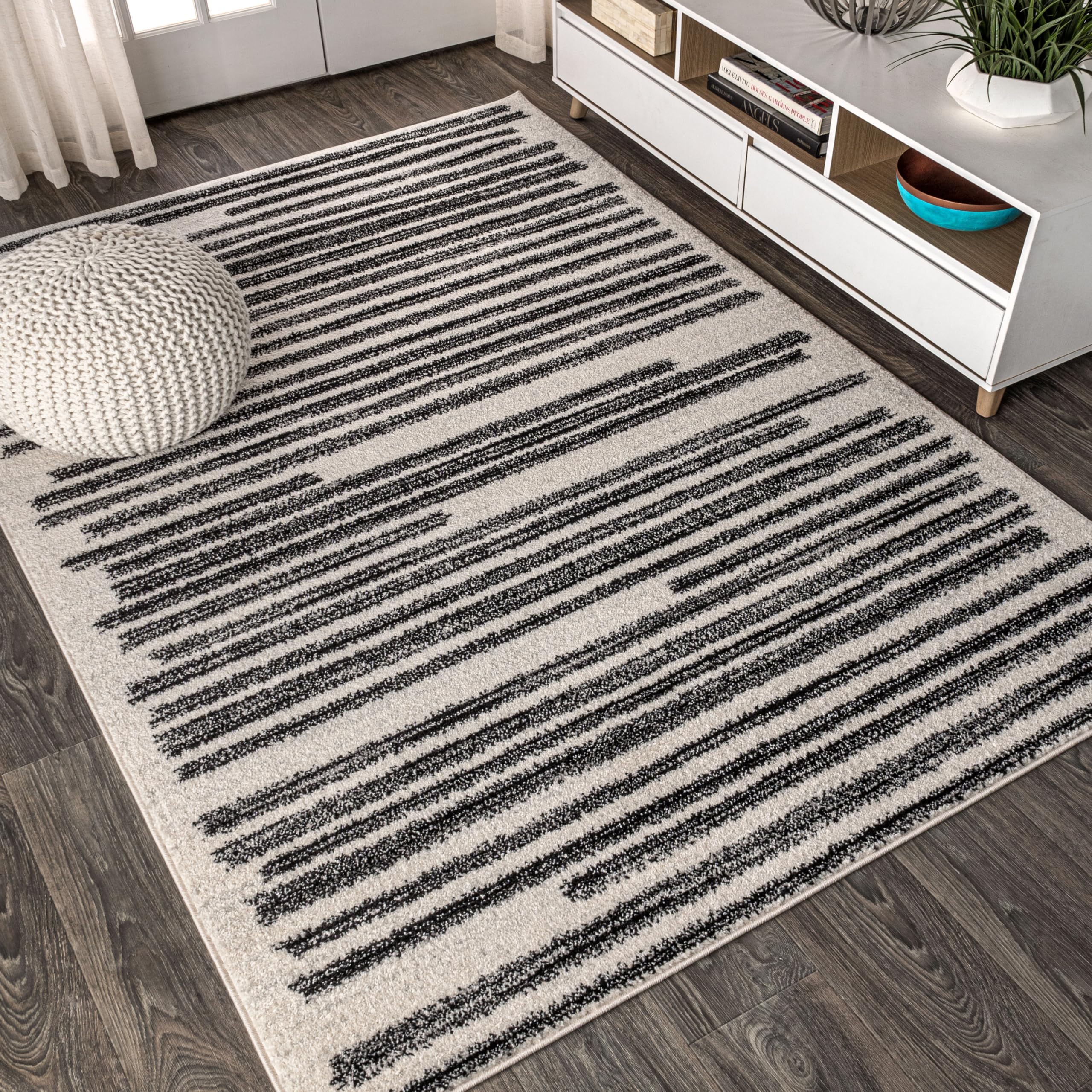 JONATHAN Y Khalil Modern Berber Stripe Cream/Black Indoor Area Rug, 8x10, Contemporary, Bohemian, Easy-Cleaning for Living Room, Bedroom, Kitchen, Pet Friendly, Non-Shedding (MOH207A-8)