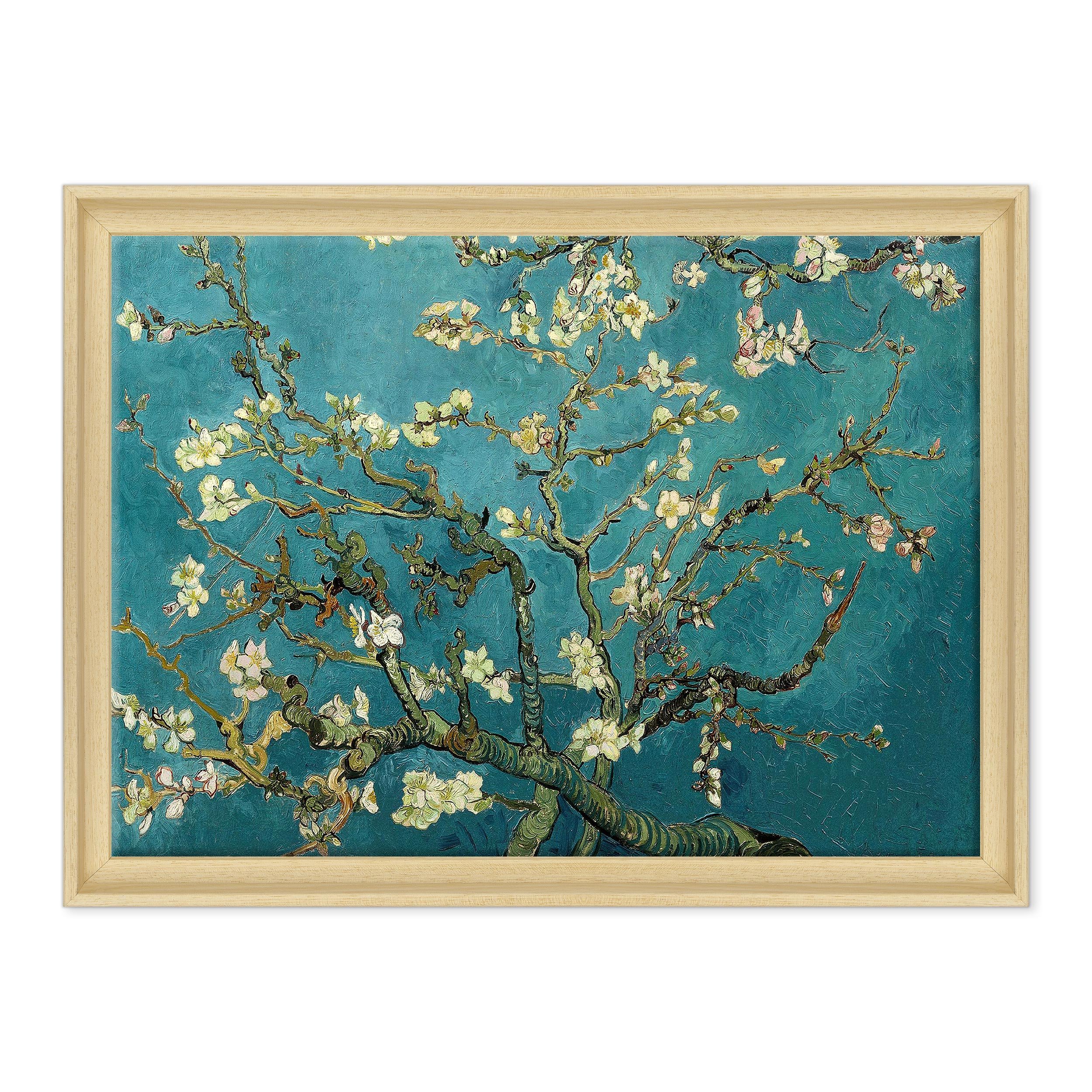 ConKrea - Quadro su Tela Canvas INTELAIATO - con Cornice - Ramo di MANDORLO Fiorito per Van Gogh - 50x70cm - Stile Contemporaneo Legno Naturale - (cod.296)