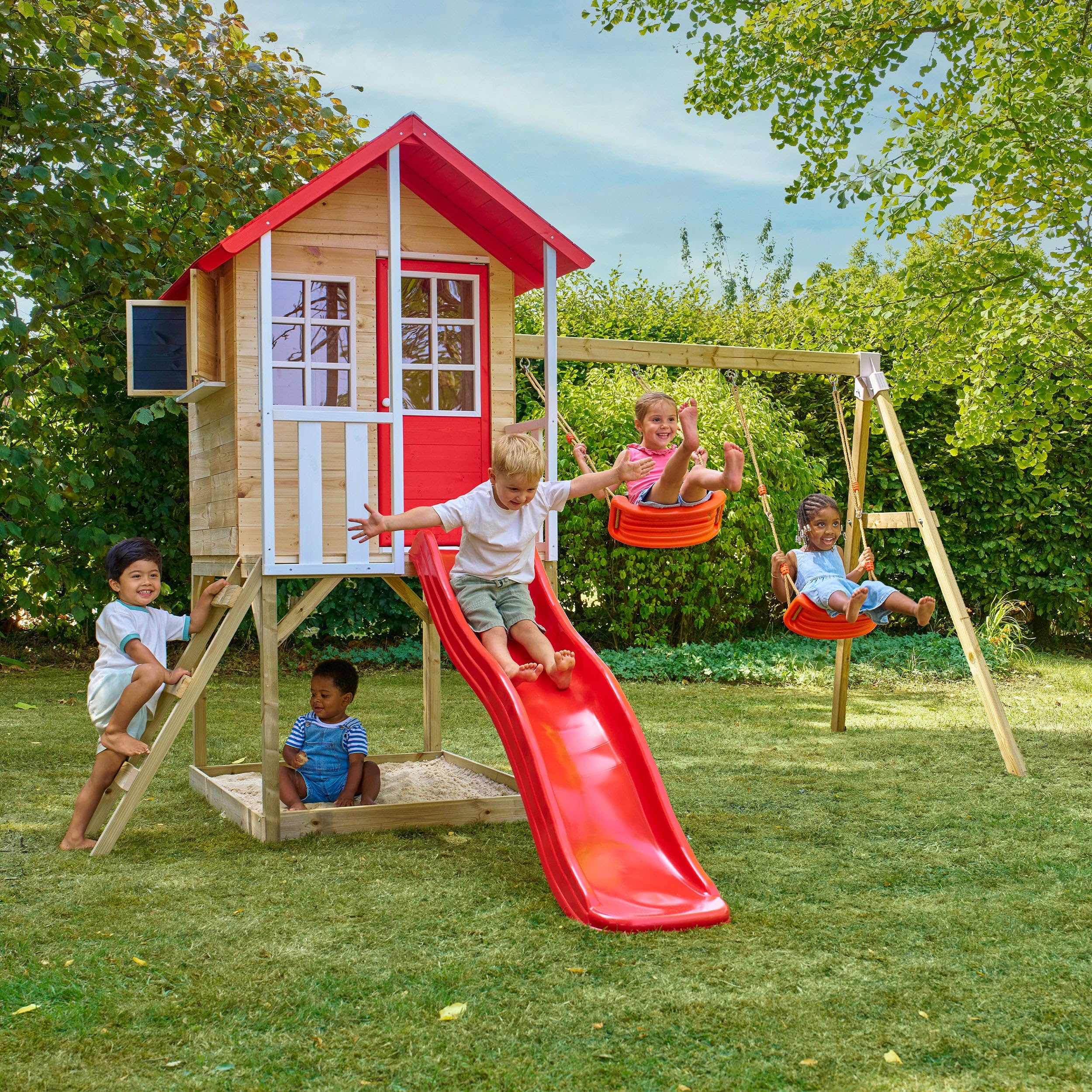 TP Toys Cabane Enfant sur Pilotis 2 Balançoires et Toboggan, Coquelicot