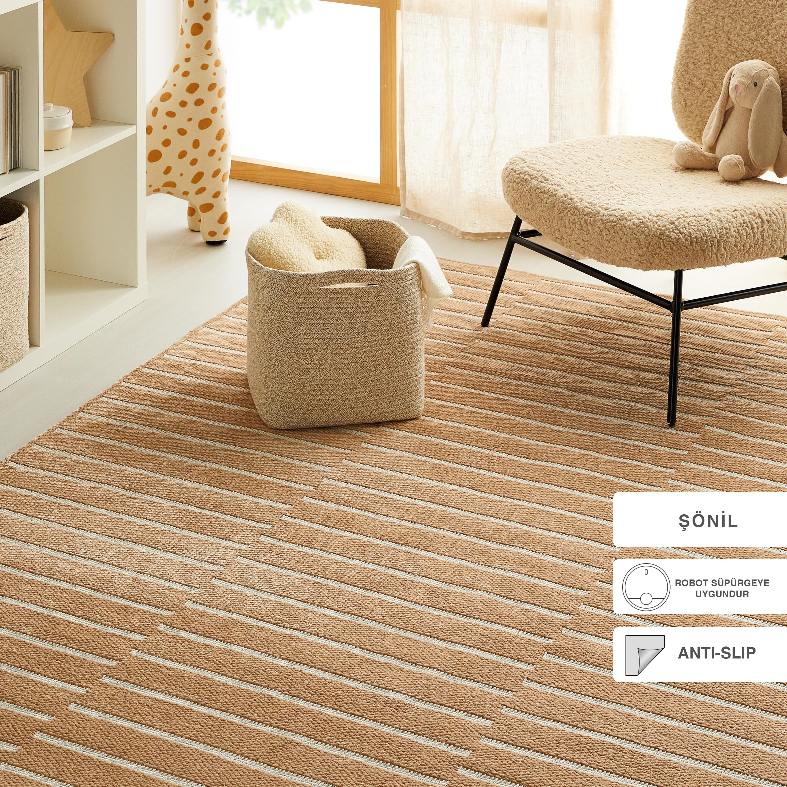 Ocean Home Textile Bej Renk Çizgi Desenli Şönil Halı Kilim 160 x 230 cm