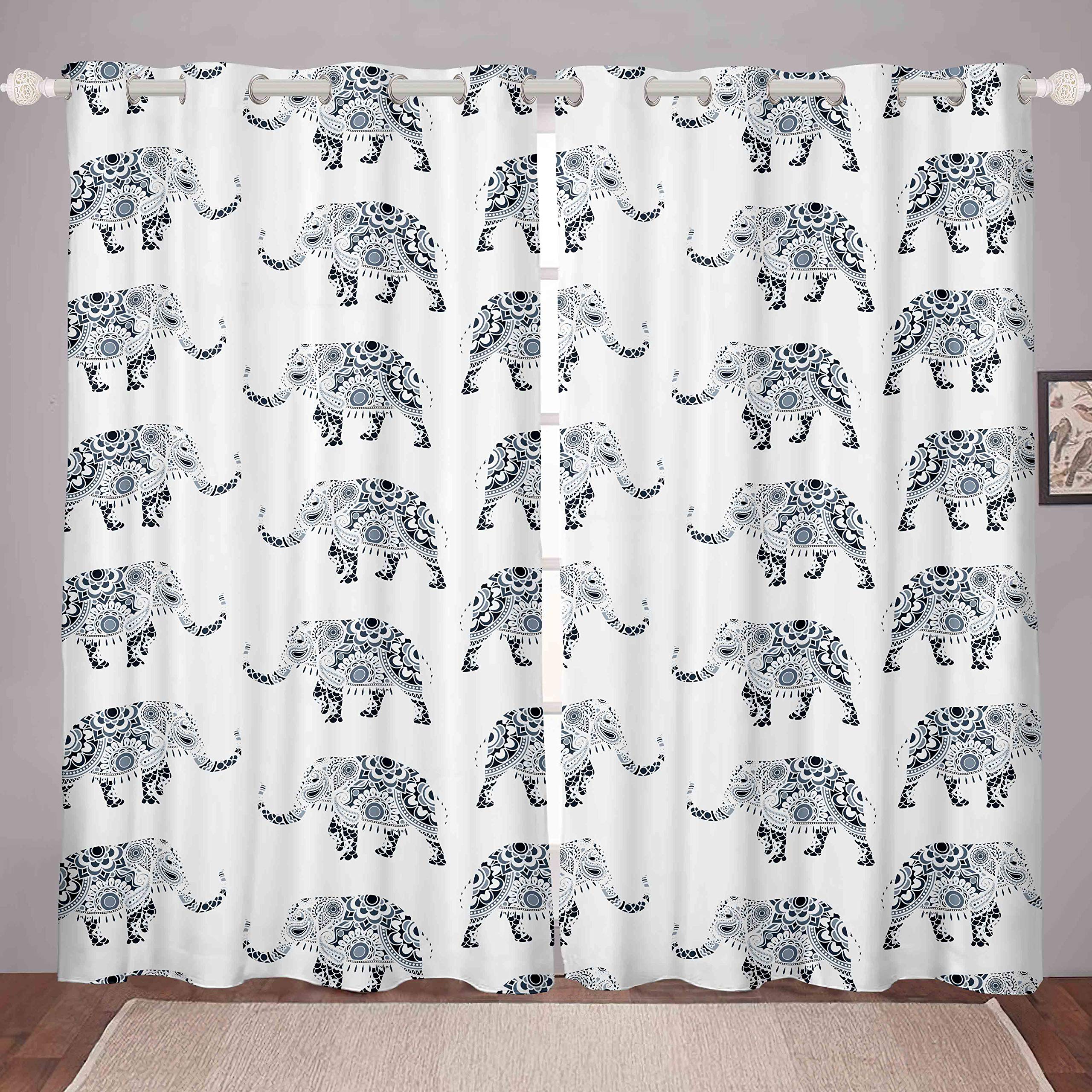 Loussiesd Bohemian Elephant Blackout Curtains Kids Adults Boho Exotic Style Curtains for Bedroom Wild Animal Pattern Window Curtain Ethnic Elephant Print Darkening Thermal Drapes W46*L72,2 Panel Set