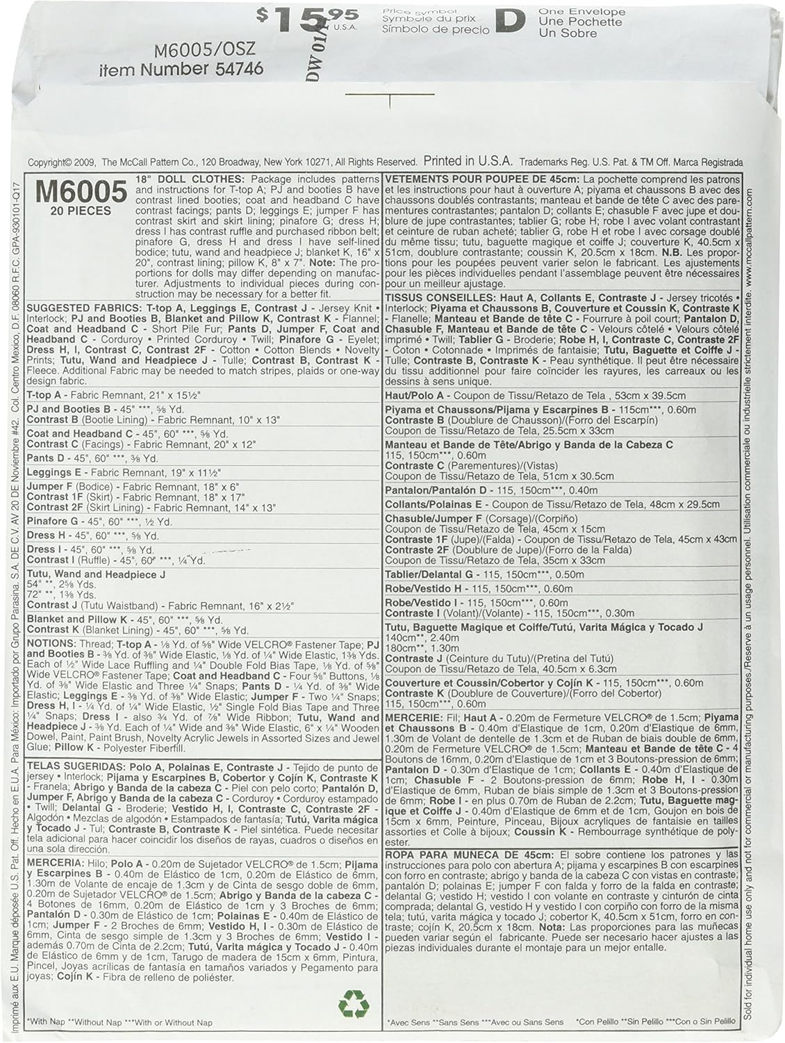 Amazon.com: McCall's Patterns M6005 Clothes and Accessories ...