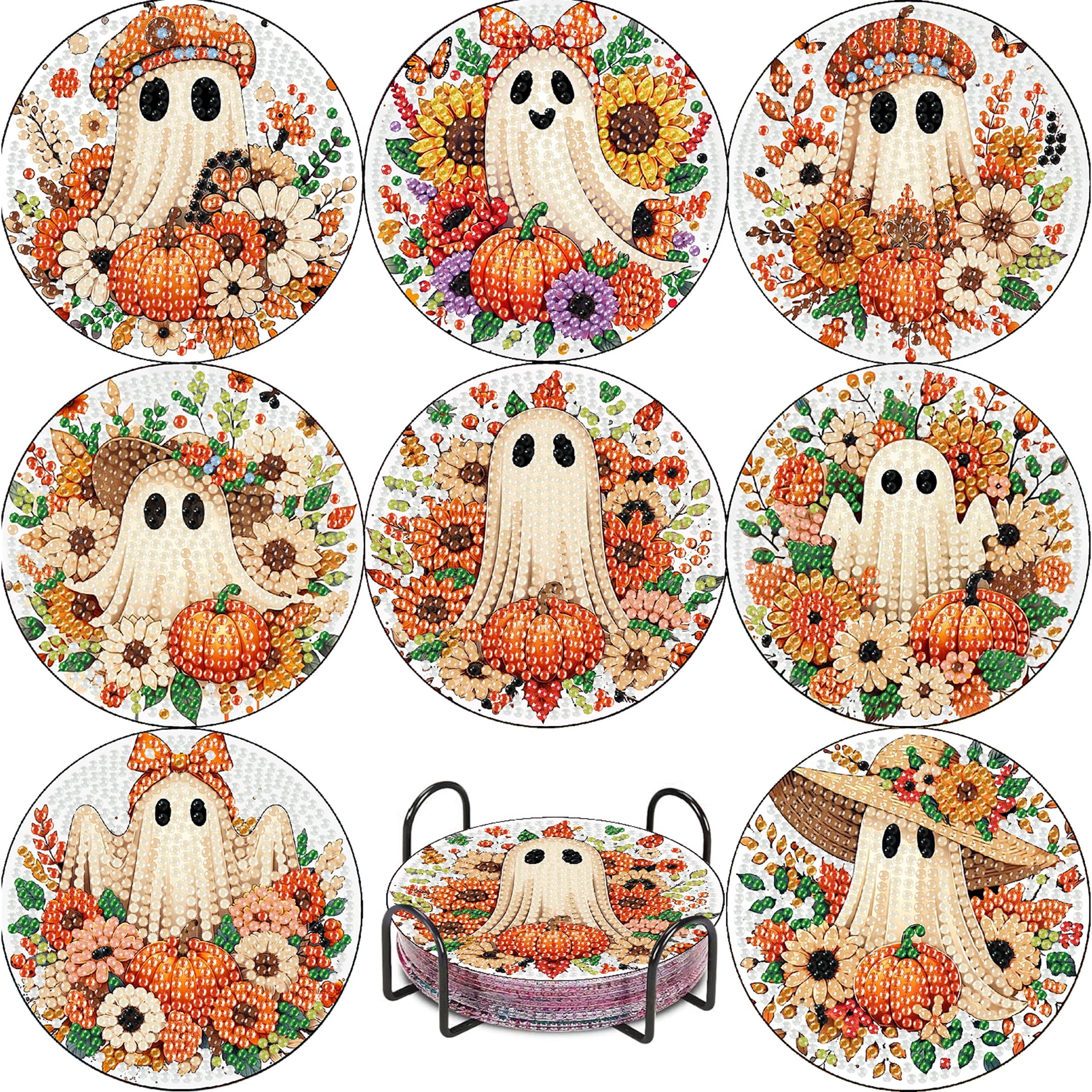 8 Pcs Ghost Diamond Art Painting Coasters Kits,Halloween Coaster with Holder for Adults, Non-Slip DIY Dot Paint Craft Kits,5D Full Drill DIY Diamond Dot Gem Art Kit Home Decor Arts Craft