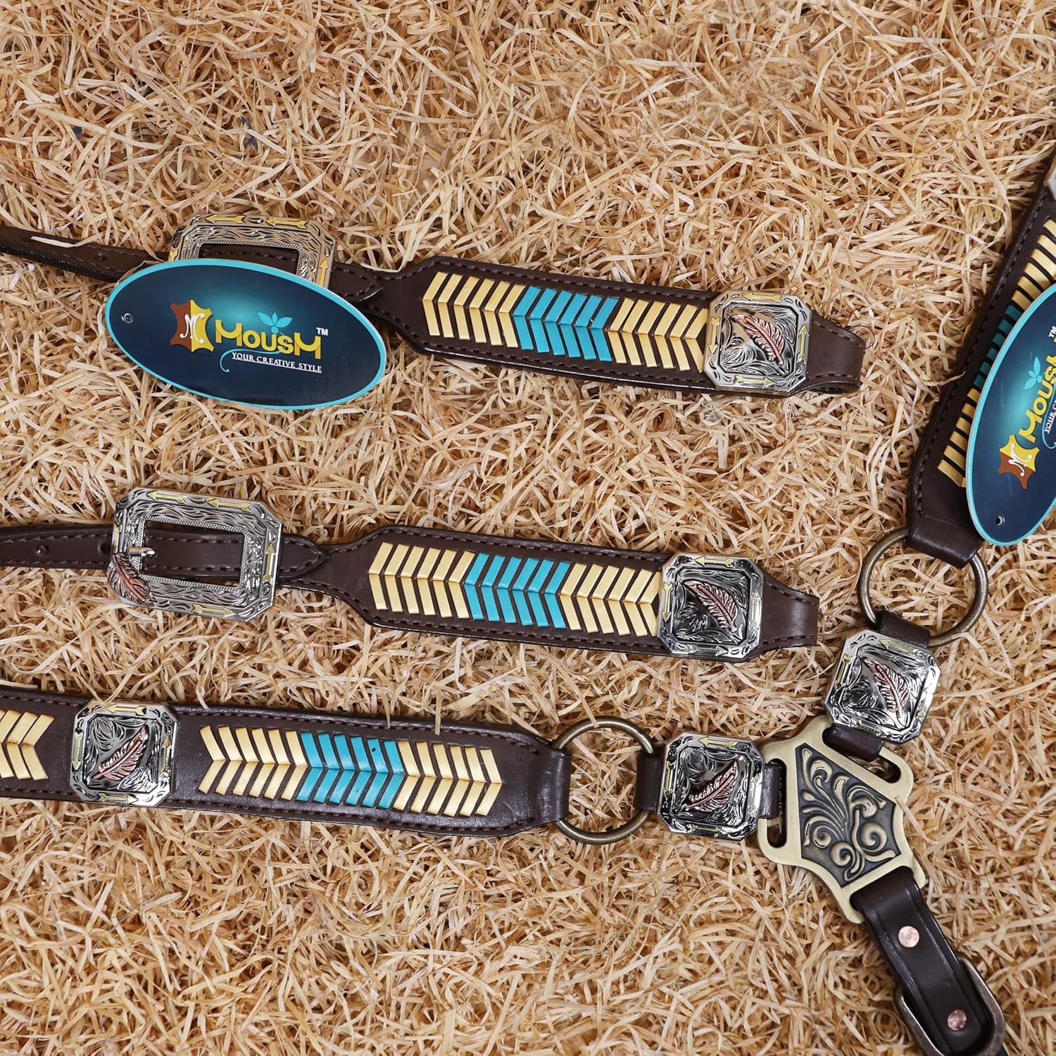 Western Leather Headstall Tack Set for Horse – Golden & Turquoise Arrow Braiding with 3-Tone Feather Conchos – Antique Brass Hardware – Argentina Cowhide