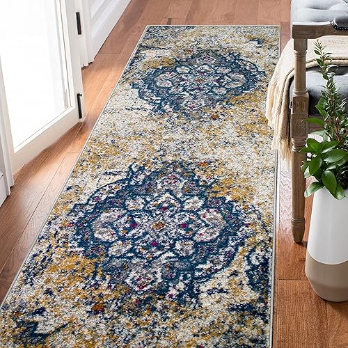Leick Home 596429 Vienne Runner - Alfombra vintage con medallón turco desteñido, marfil y azul marino, para sala de estar, dormitorio, alfombra de 2