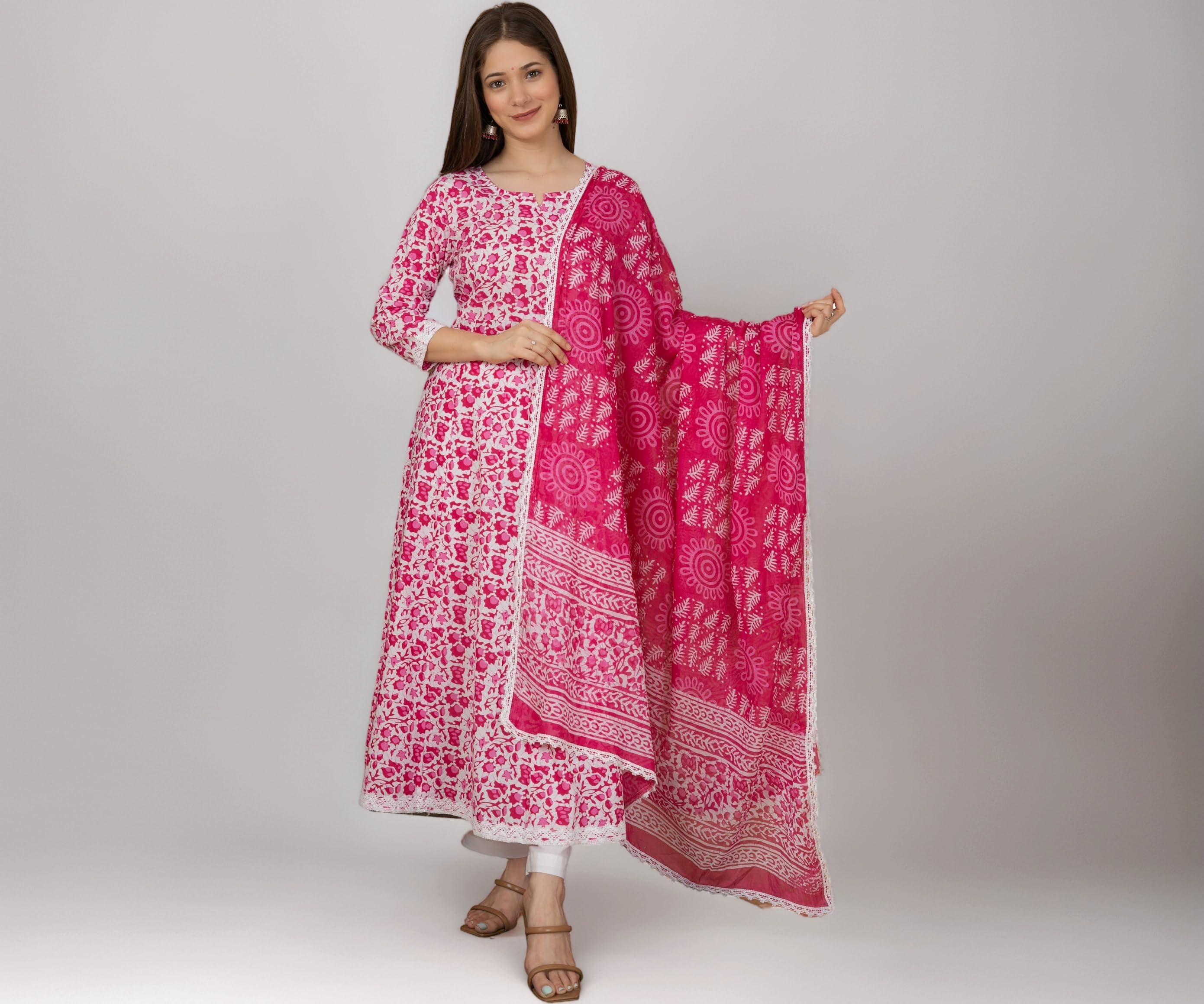 MEERA FAB Women's Cotton Printed Lavender Anarkali Kurta with Palazzo & Dupatta Set