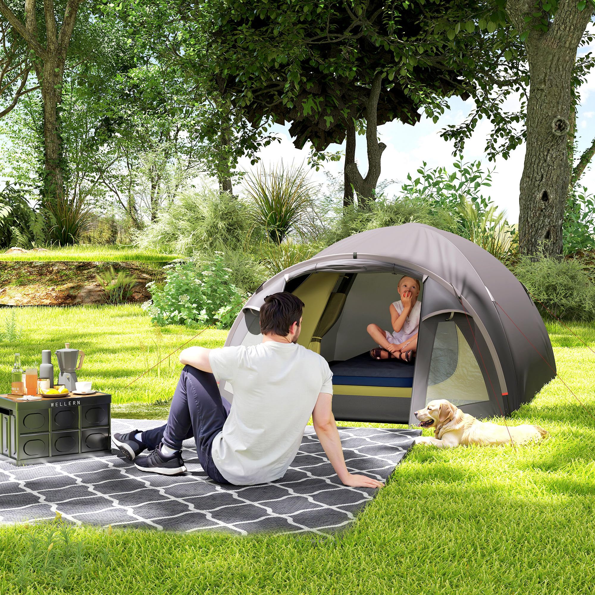 Outsunny Tenda da Campeggio a Tunnel per 2 Persone 2 Stanze Impermeabile 3000mm 330x190x120 cm Nero