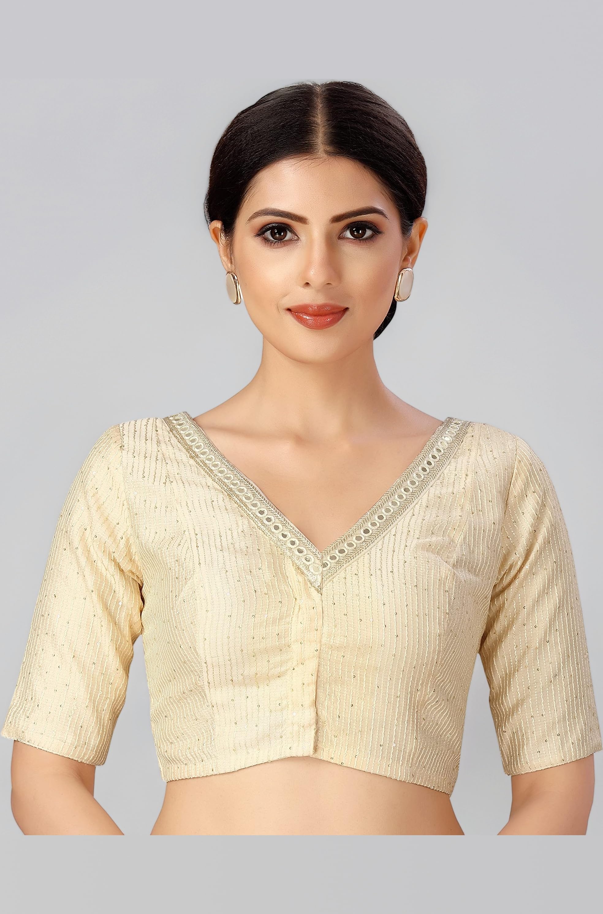 Women's Readymade Polyester Elbow Length Sleeves Saree Blouse with Mirror Work