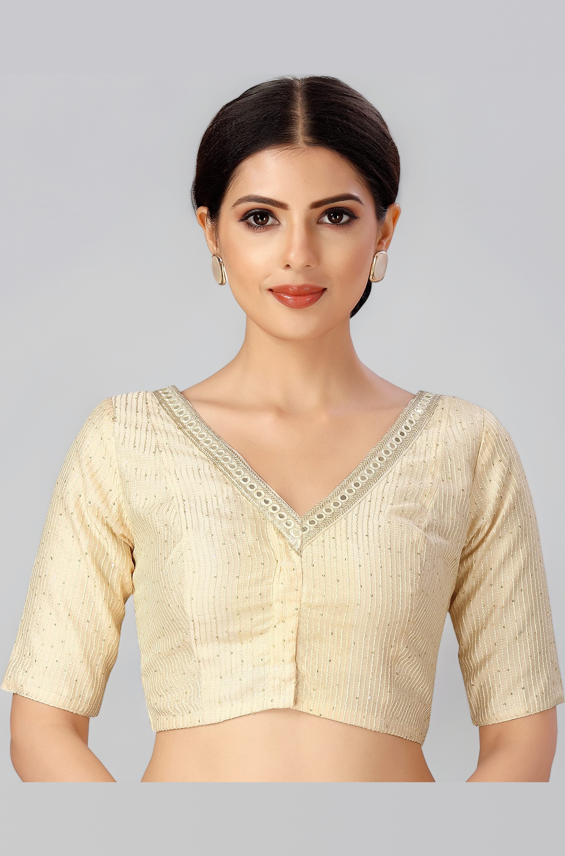 Women's Readymade Polyester Elbow Length Sleeves Saree Blouse with Mirror Work