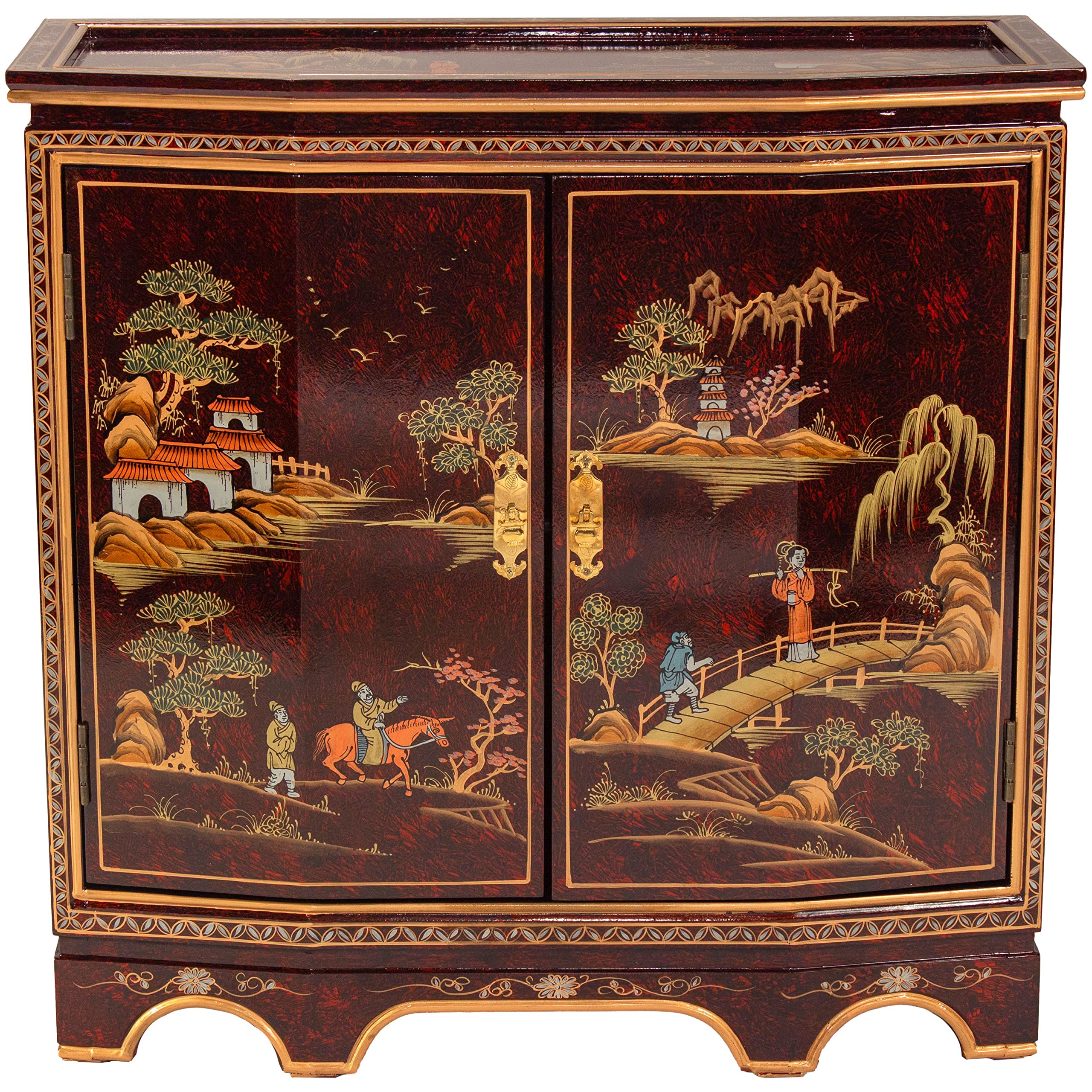 Red Lantern Artisan Crafted Red Lacquer Slant Sideboard with Shelf, Landscape Painted along Top, Sides, and Doors- Base has some chipping, top corner of right door has small paint chip 