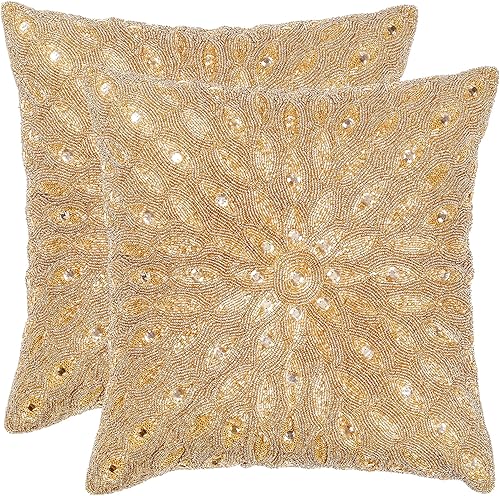 Funda de almohada decorativa con cuentas a mano 16 x 16 pulgadas color dorado almohada tejida a mano hecha a mano por expertos artesanos un