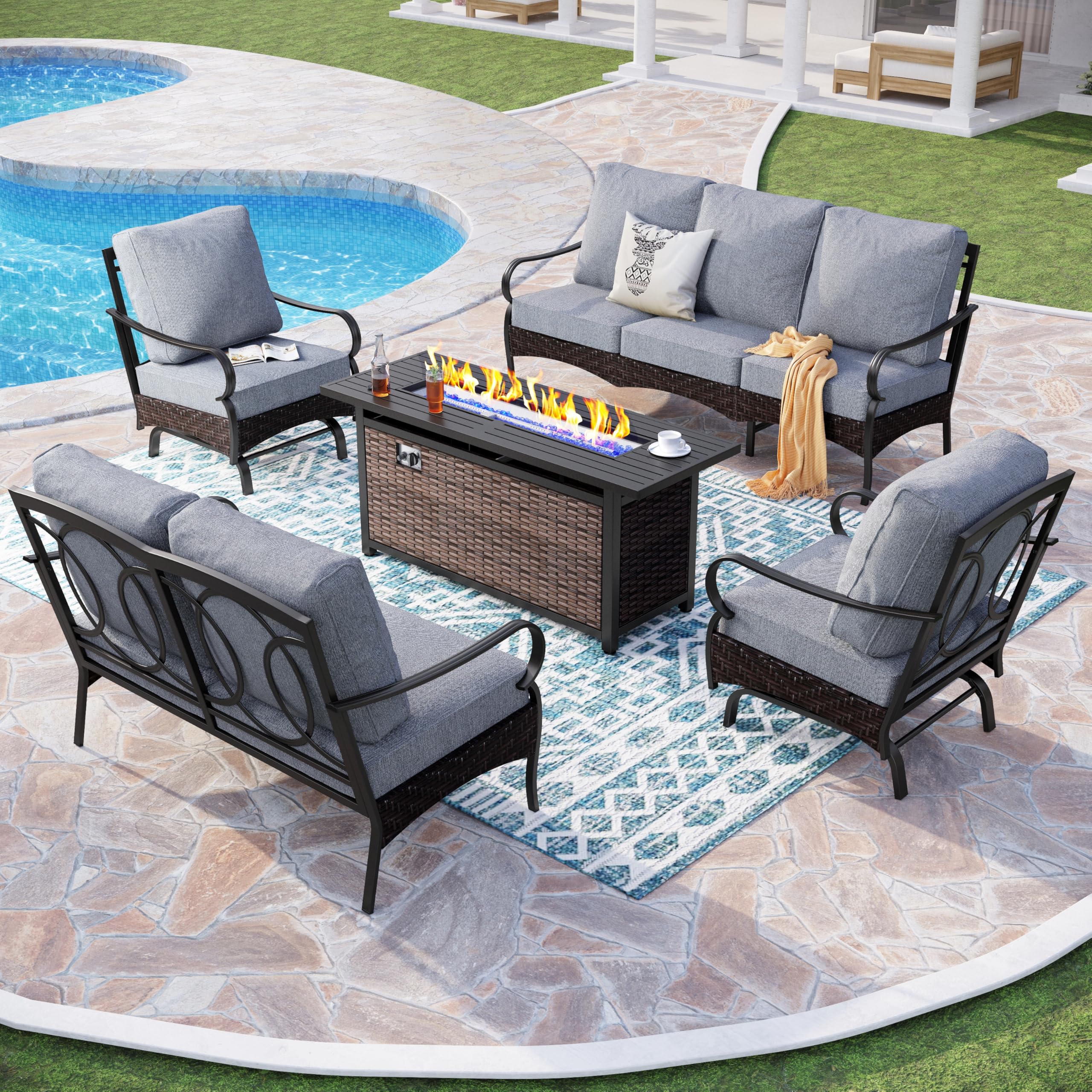 PHI VILLA Patio Furniture Set with 56" Fire Pit Table, Premium Outdoor Wicker Metal Frame Furniture with Upgraded Waterproof Thick Cushions for Porch,
