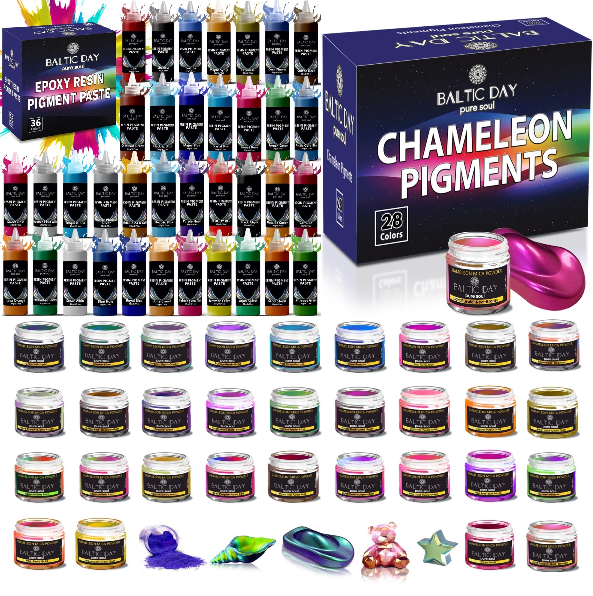 36 Pigment Pastes [20g Jars] + 28 Chameleon Mica Powders for Epoxy Resin Set - Epoxy Resin Color Pigment - Chameleon Pigments
