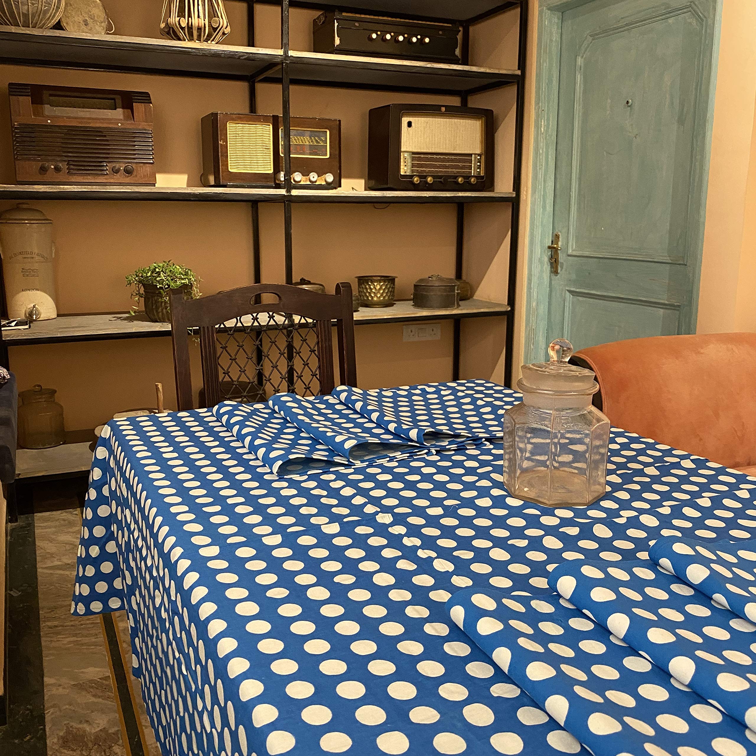 Ajuny Rectangular Table Cloth 60x90 Inch 6 Seater Polka Dots Pattern Blue Cotton for Dining Table Decorations 6 Placemats 12x18 Inch