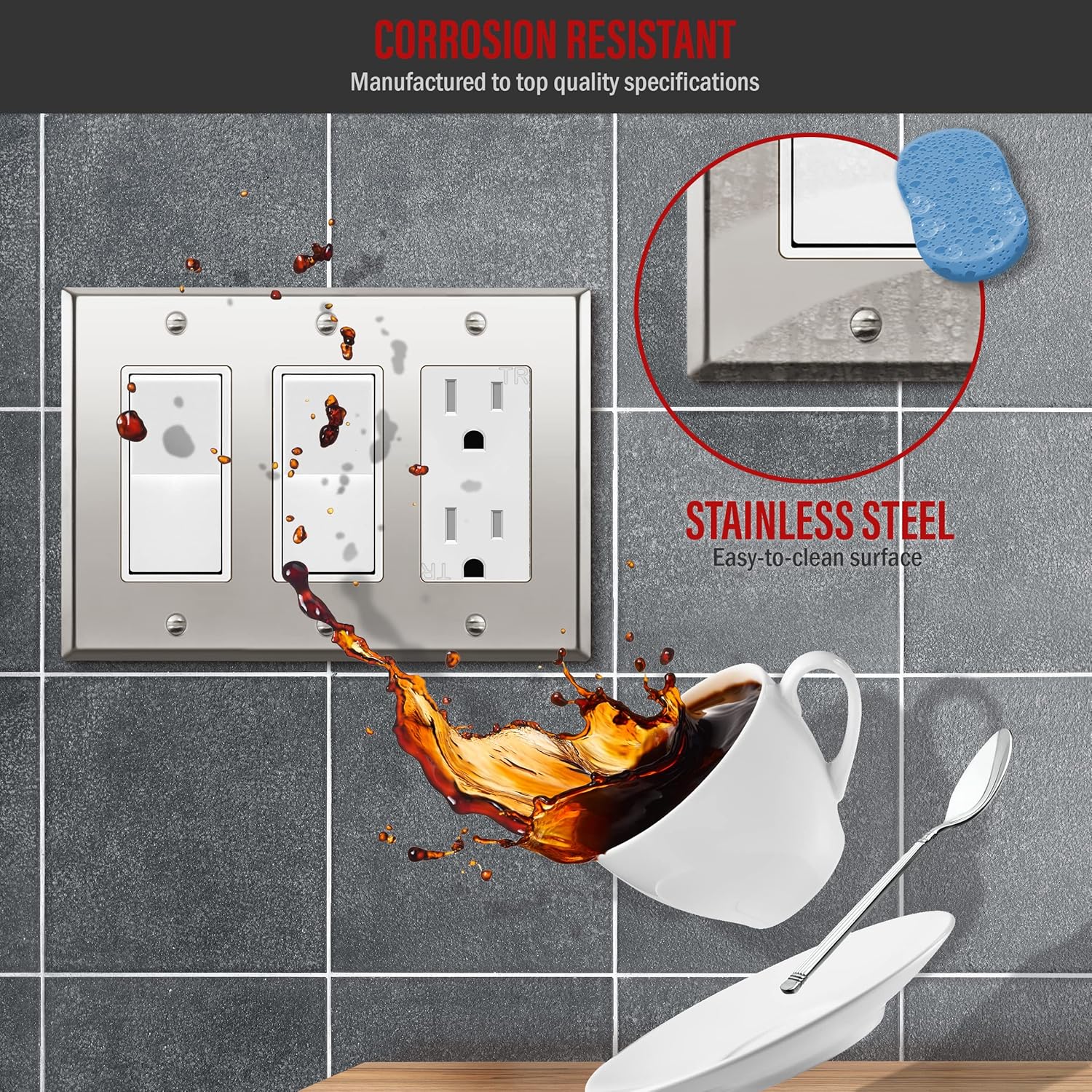 ENERLITES Metal Decorator Switch or Outlet Metal Wall Plate, Stainless Steel 201, Corrosion Resistant, Size 3-Gang 4.50" x 6.38", 7733-PC, Polished Chrome, Silver