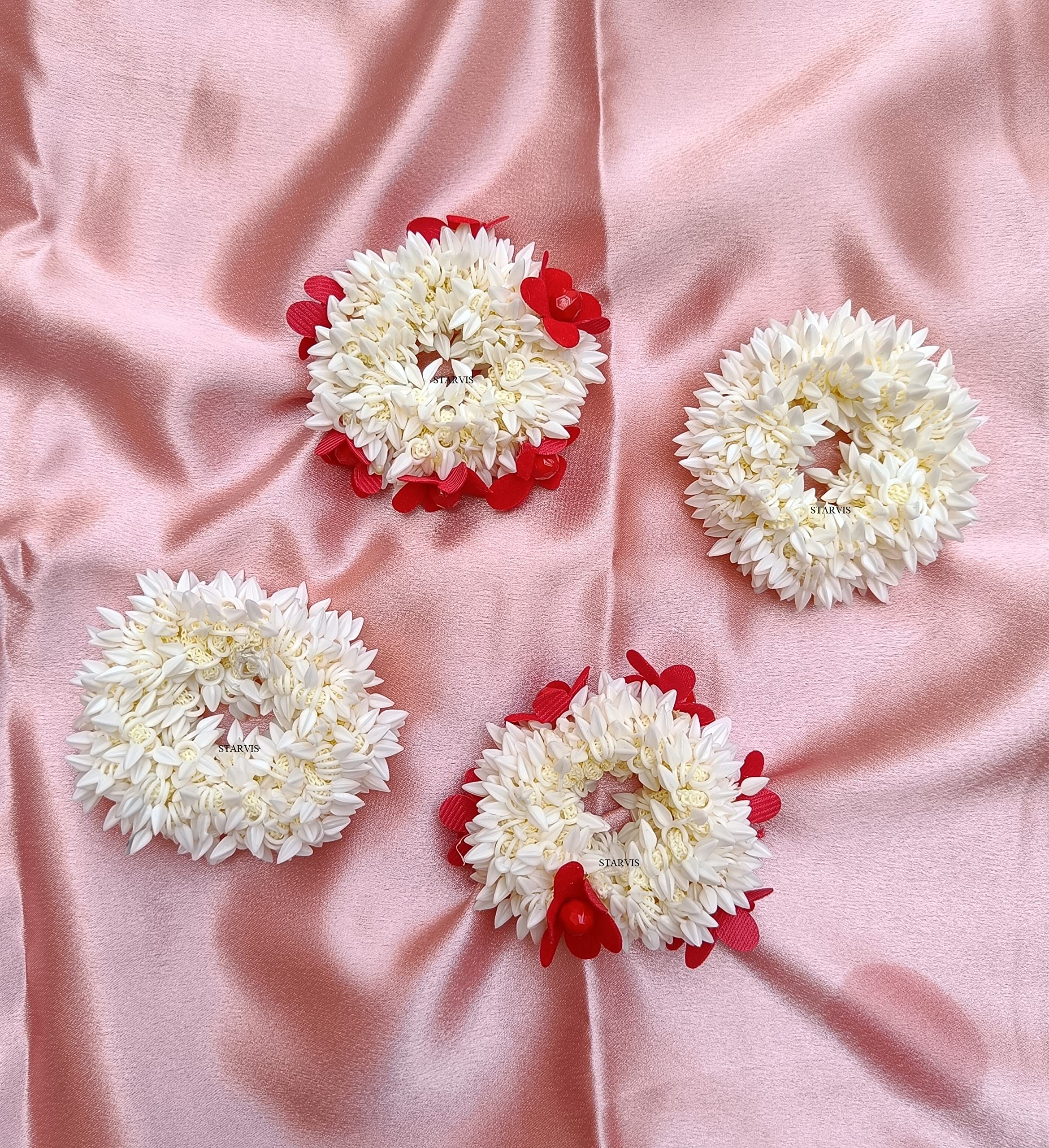 Starvis 4 pcs Scented Mogra Gajra with Red rose flower and plain gajra Hair Accessories For Women & Girls - Juda Accessories Hair Flower Bun Fake Artificial Gajra Scrunchies Rubber Band