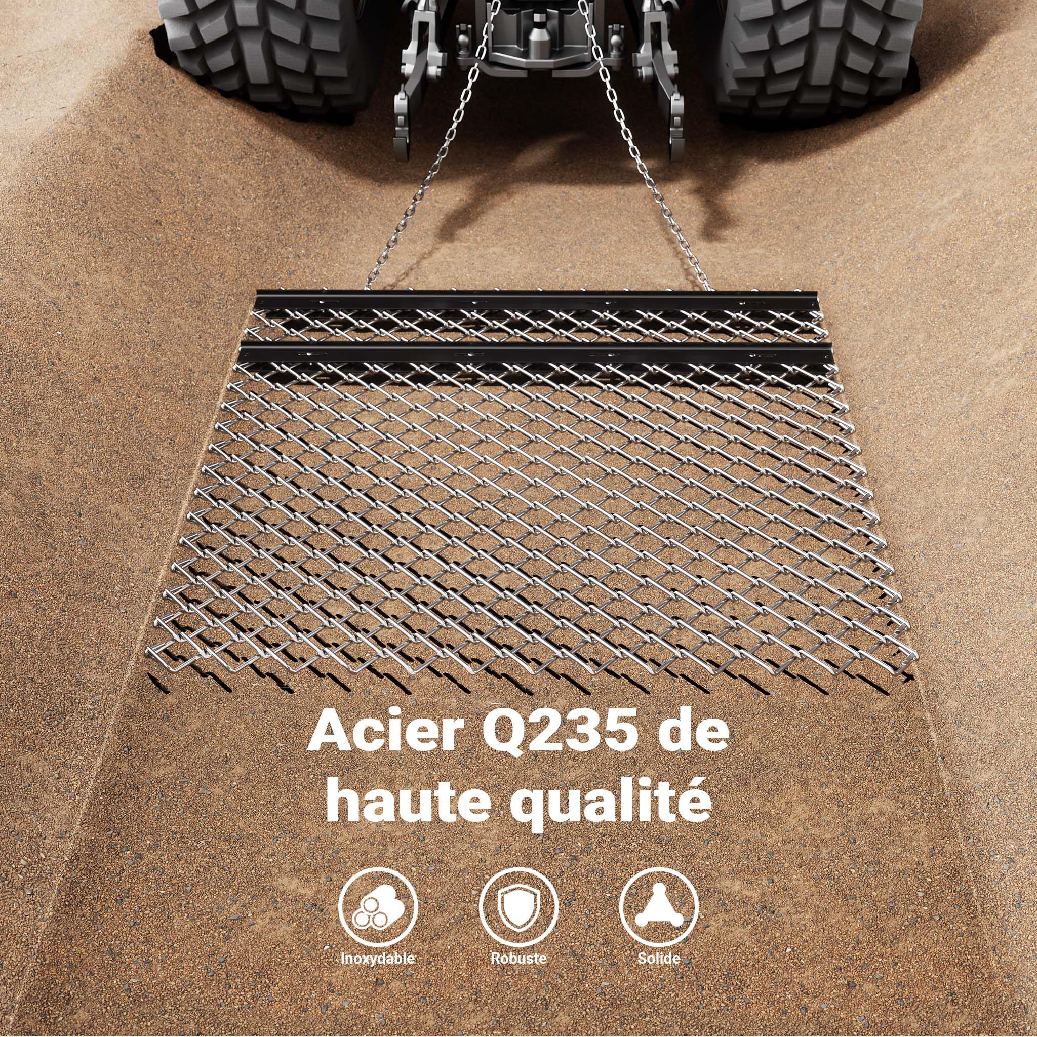 Wiltec Herse de prairie Chaîne 155x123,5cm avec chaînes Pliable Acier Herse traîné Tracteur à gazon ATV UTV Scarification Équipement agricole Travail du sol Entretien pâturage Herse émousseuse Hersage