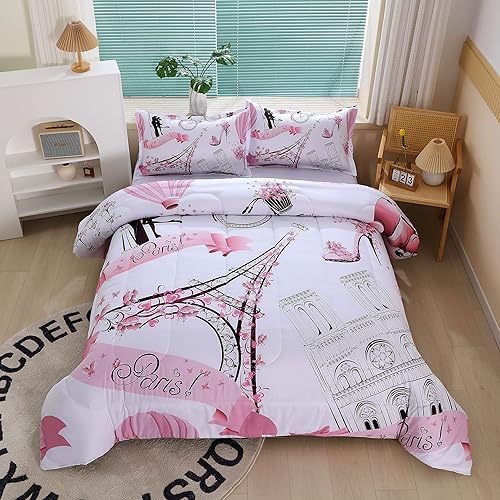 Juego de edredón romántico de estilo París rosa para niñas y adolescentes tamaño individual con temática de torre de París para dormitorio con 2