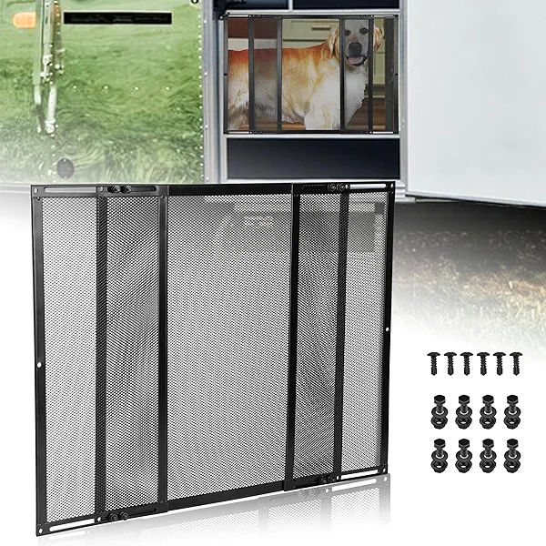 RVZONE Premium RV Screen Door Protector Adjusts from 21.5"- 35", Lightweight RV Entry Screen Door Grille Adjustable Metal Screen Defender for RV Door Camper Screen Door Protector for Dogs Kids