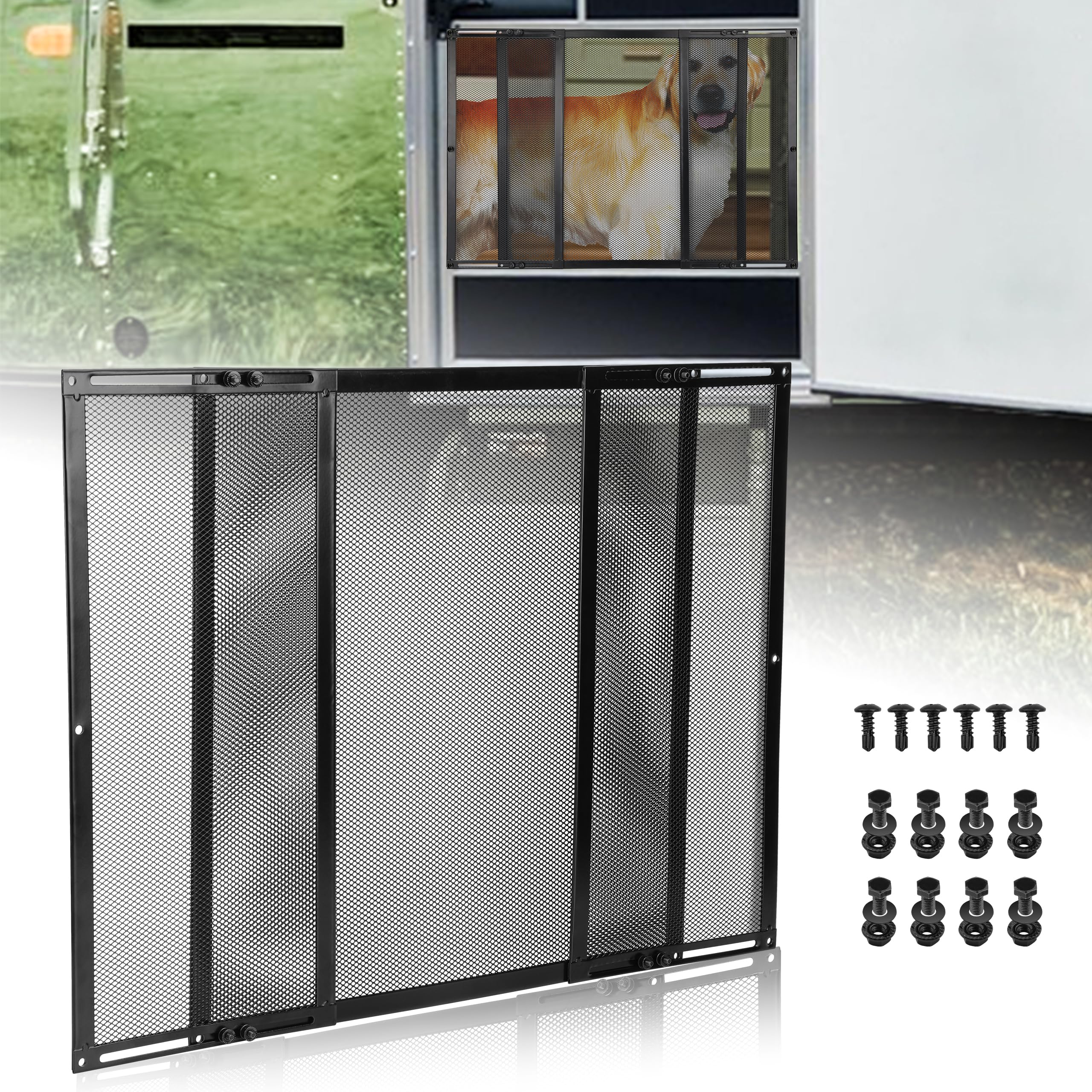 Photo 1 of RVZONE Premium RV Screen Door Protector Adjusts from 21.5"- 35", Lightweight RV Entry Screen Door Grille Adjustable Metal Screen Defender for RV Door Camper Screen Door Protector for Dogs Kids