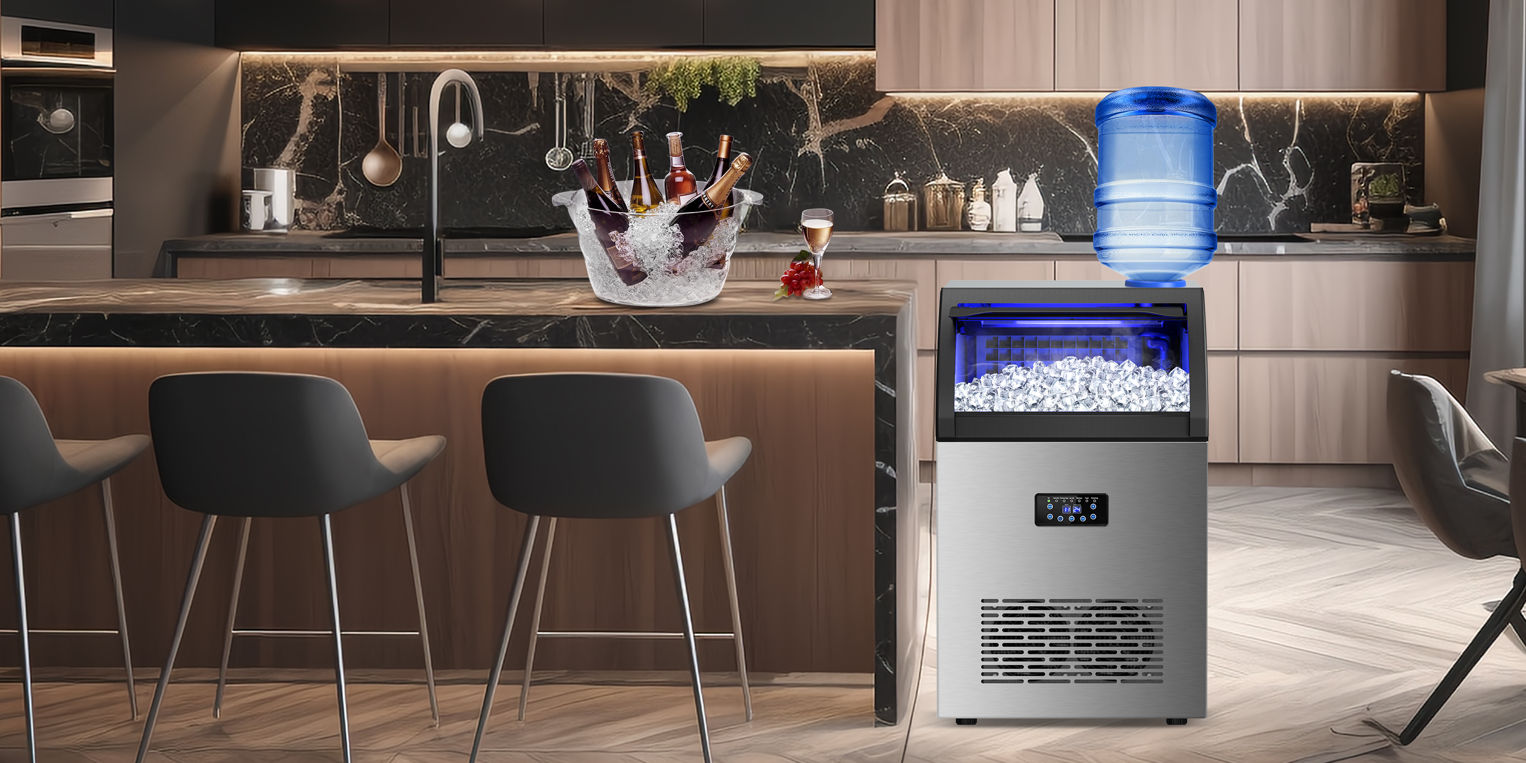 Image of Commercial Ice Maker Machine, 150lbs /24H with 45Lbs Storage Bin, 55Pcs Ice Cubes 8Mins, Tap Add Water Freestanding Ice Maker Commercial for Home Bar Office