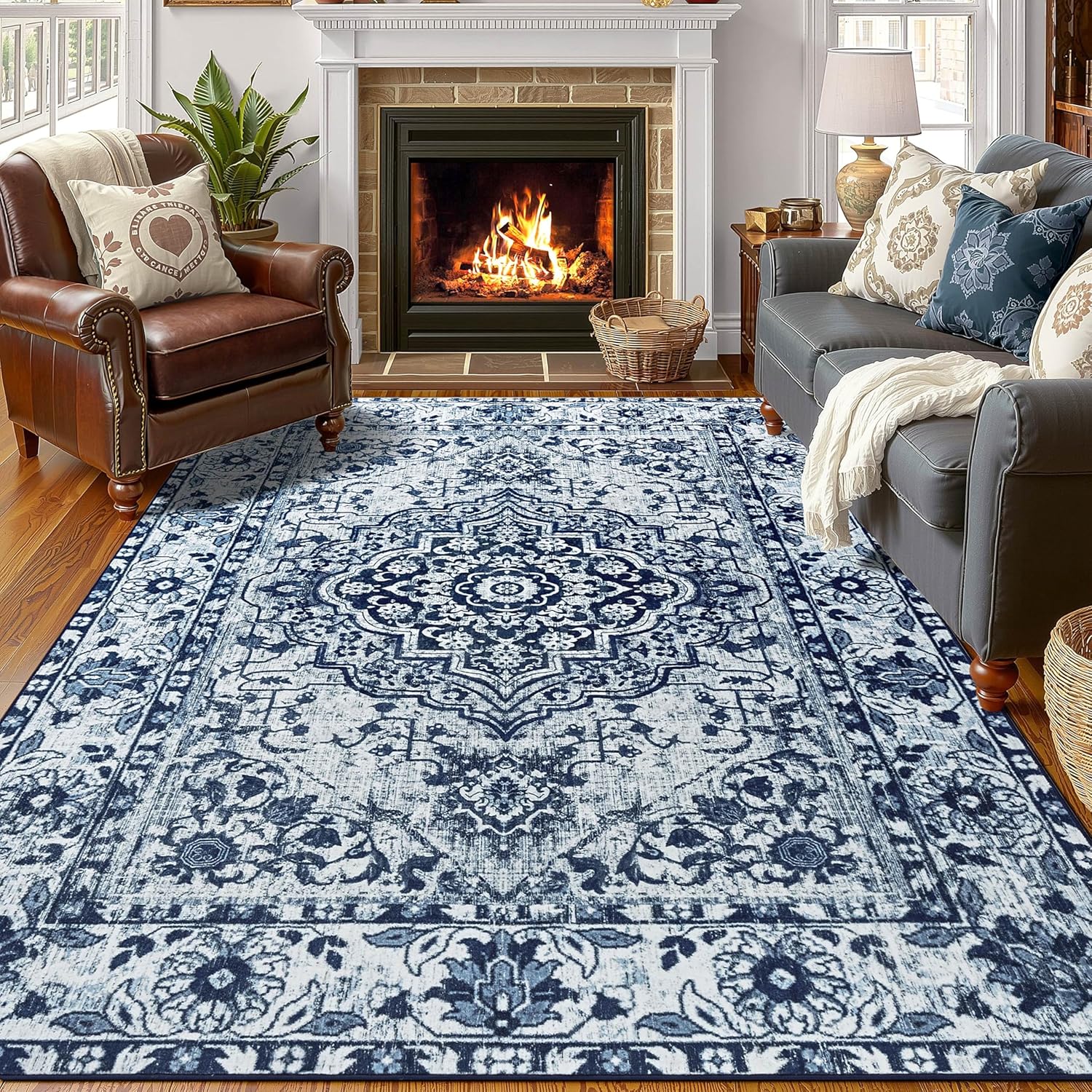 YJ.GWL Area Rugs for Living Room 4x6 Machine Washable Rugs for Bedroom, Non Slip Abstract Vintage Boho Rug Indoor Carpet, Large Floor Throw Rug for Dining Room Kids Playroom Kitchen, Blue Blue 4' x 6' (Rectangular)