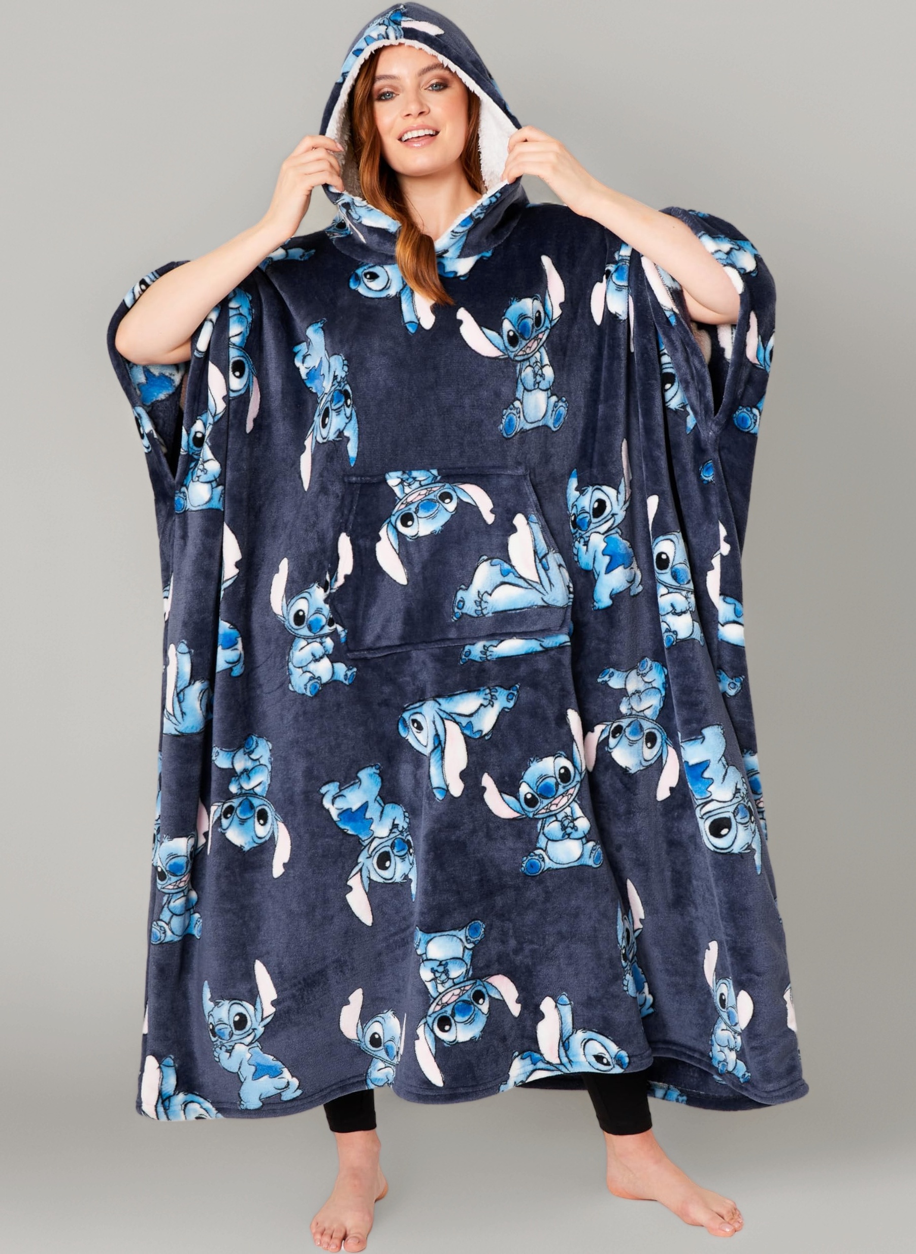 Stitch Blanket Hoodie for Women and Teenagers - Cosy Oversized Fleece Poncho One Size Sherpa Hood - Stitch Gifts Navy