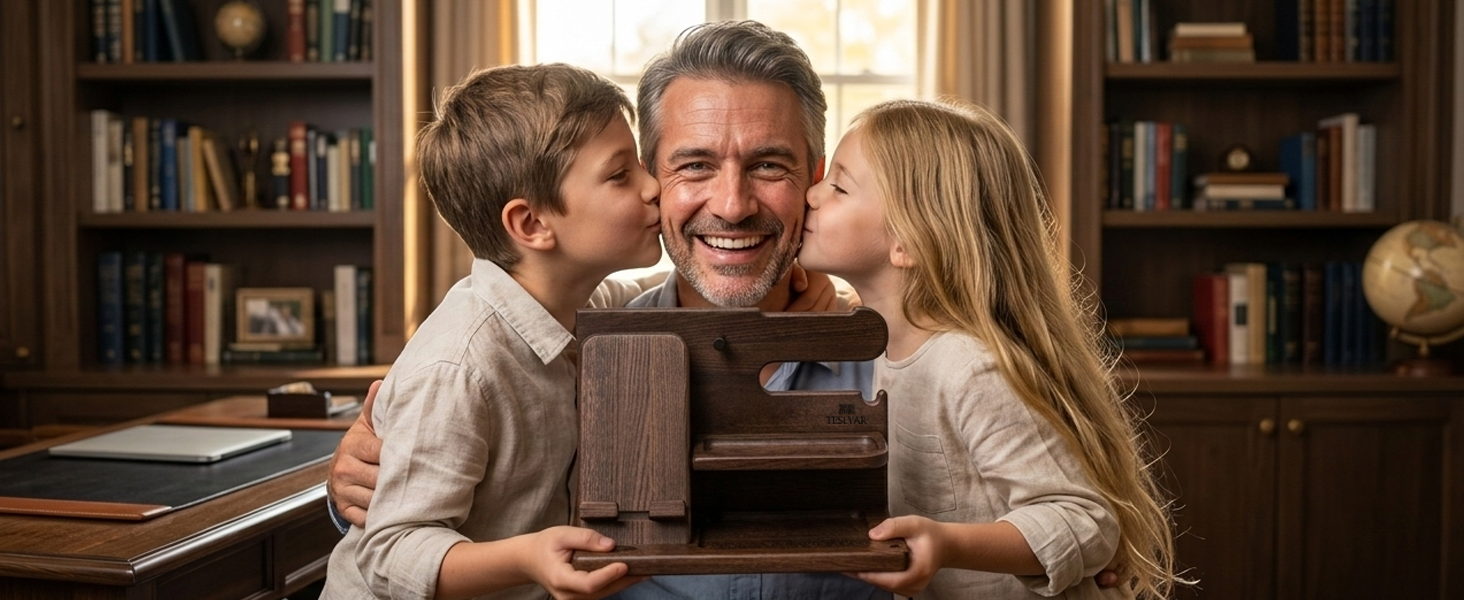 TESLYAR Wood Phone Docking Station for Men - Desk or Nightstand Organizer - Birthday Gifts for Husband, Dad - Anniversary Idea from Wife - Key Holder, Stand Wallet, Watch & Essentials (Bourbon Brown)