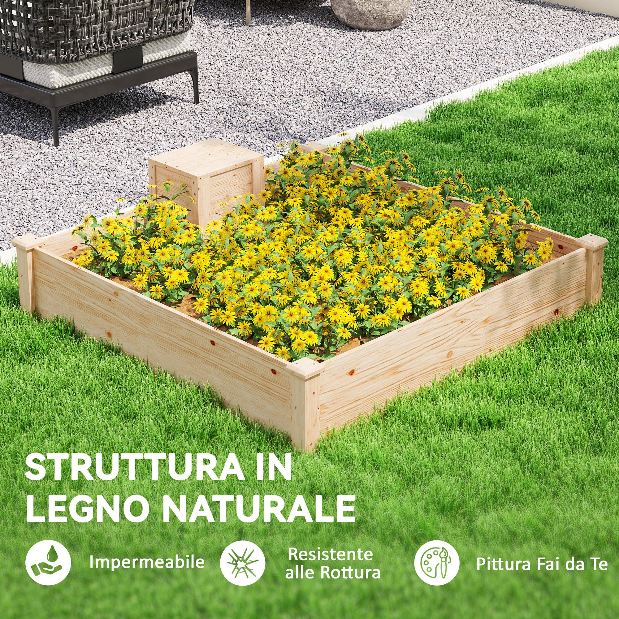 Outsunny Letto per Orto Rialzato da Esterno 123x123x25.5 cm Color Legno | Con Compostiera, Fondo Aperto, Fioriera da Esterno in Legno di Abete, per Piante e Fiori