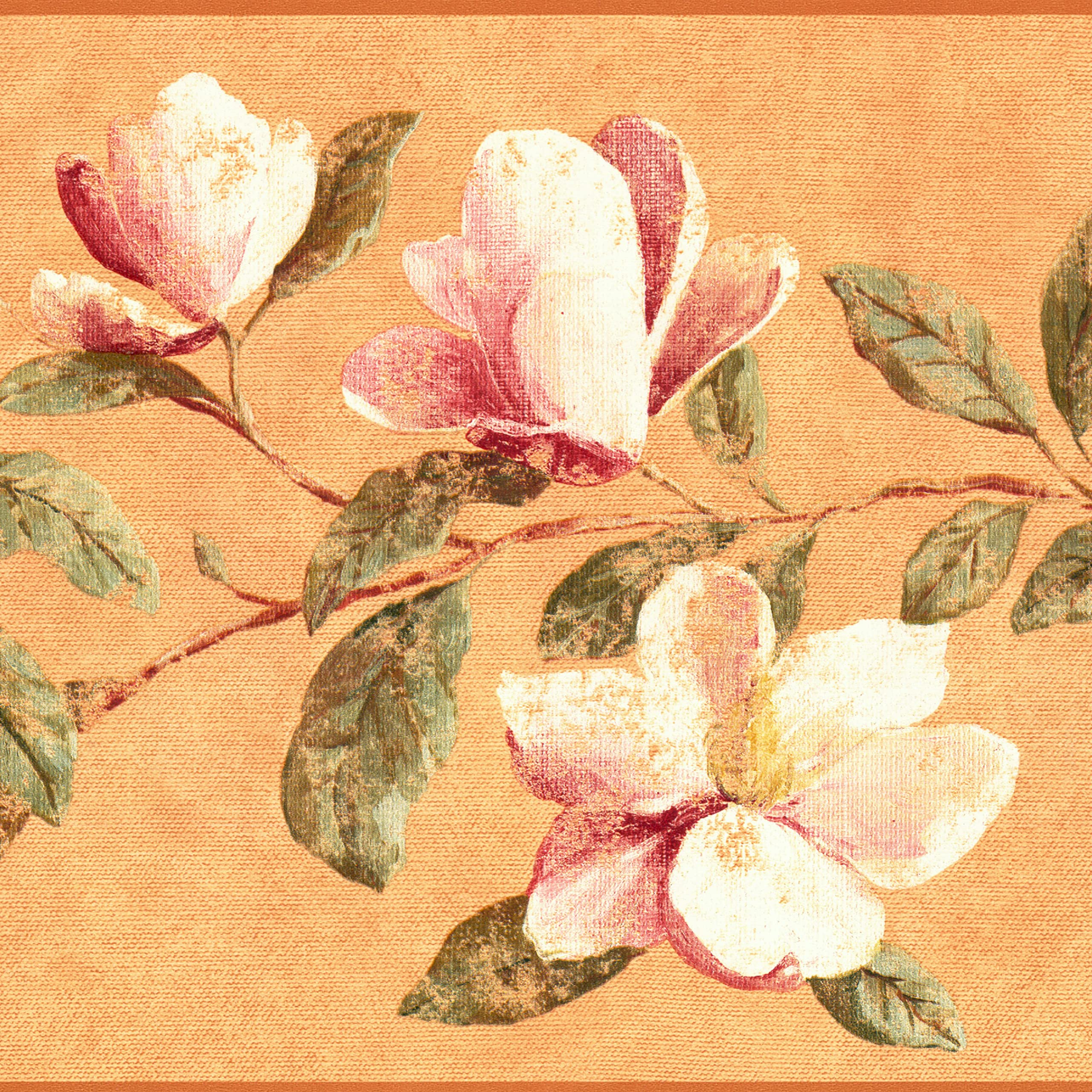 CONCORD WALLCOVERINGSWallpaper Border Floral Pattern Magnolia Blossom Leaves for Living Room Dining Area Bedroom, Tan Pink Green, 15 ft by 9 in AZ5224B